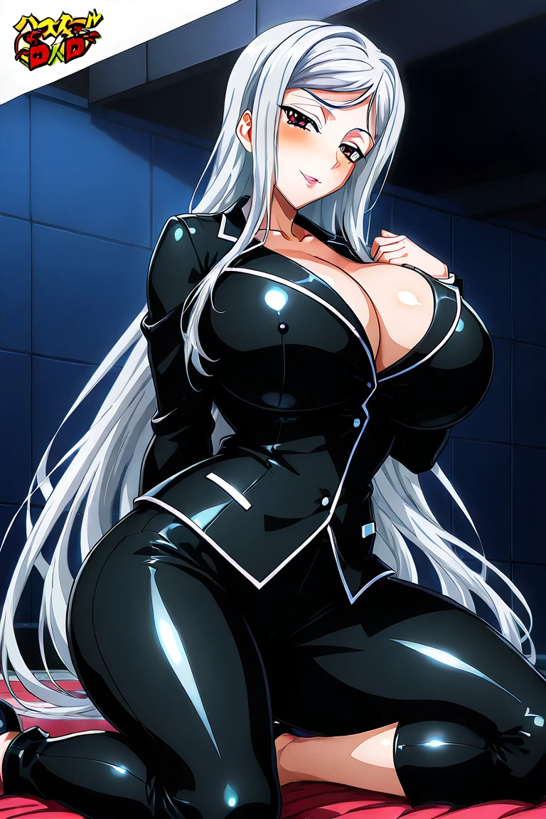 professional artwork, Intricate Details, field of view, sharp focus, detailed painting, photorealistic lighting, trending on pixiv, Standing at attention, sky blue bodysuit, tight bodysuit, ((huge breasts:1,3)), revealed skin, cleavage, black latex bodysuit zip half opened, tight bodysuit, shiny bodysuit, Beautiful body,Beautiful Nose,Beautiful character design, perfect eyes, perfect face, looking at viewer, NSFW,official art,extremely detailed CG unity 8k wallpaper, perfect lighting,Colorful, Bright_Front_face_Lighting, (masterpiece:1.0),(best_quality:1.0), ultra high res,4K,ultra-detailed, photography, 8K, HDR, highres, absurdres:1.2, Kodak portra 400, film grain, blurry background, bokeh:1.2, lens flare, (vibrant_color:1.2), shikkoku_yorihime, (seductive look, flirting, sexy), ((looking at viewer, front body pose))