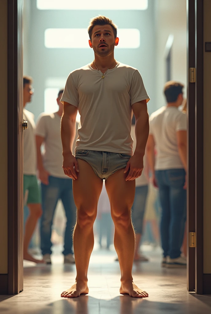 vintage art deco style, in a painting school with many students, A perfect simetryc composition, neutral soft colors, full body, 1 man, beautifull, gorgeous, perfect realistic detailed muscles, man modeling to be painted in a painting school many students, muscled legs, adorable face, taller, masculine gaze, sexi look, soft perfect white skin, barefoot, wearing shorts, blue eyes, perfect anatomy, trending on artstation, sharp focus, studio photo, intricate details, highly detailed, by greg rutkowski, sf, intricate artwork masterpiece, ominous, matte painting movie poster, golden ratio, trending on cgsociety, intricate, epic, trending on artstation, by artgerm, h. r. giger and beksinski, highly detailed, vibrant, production cinematic character render, ultra high quality model
