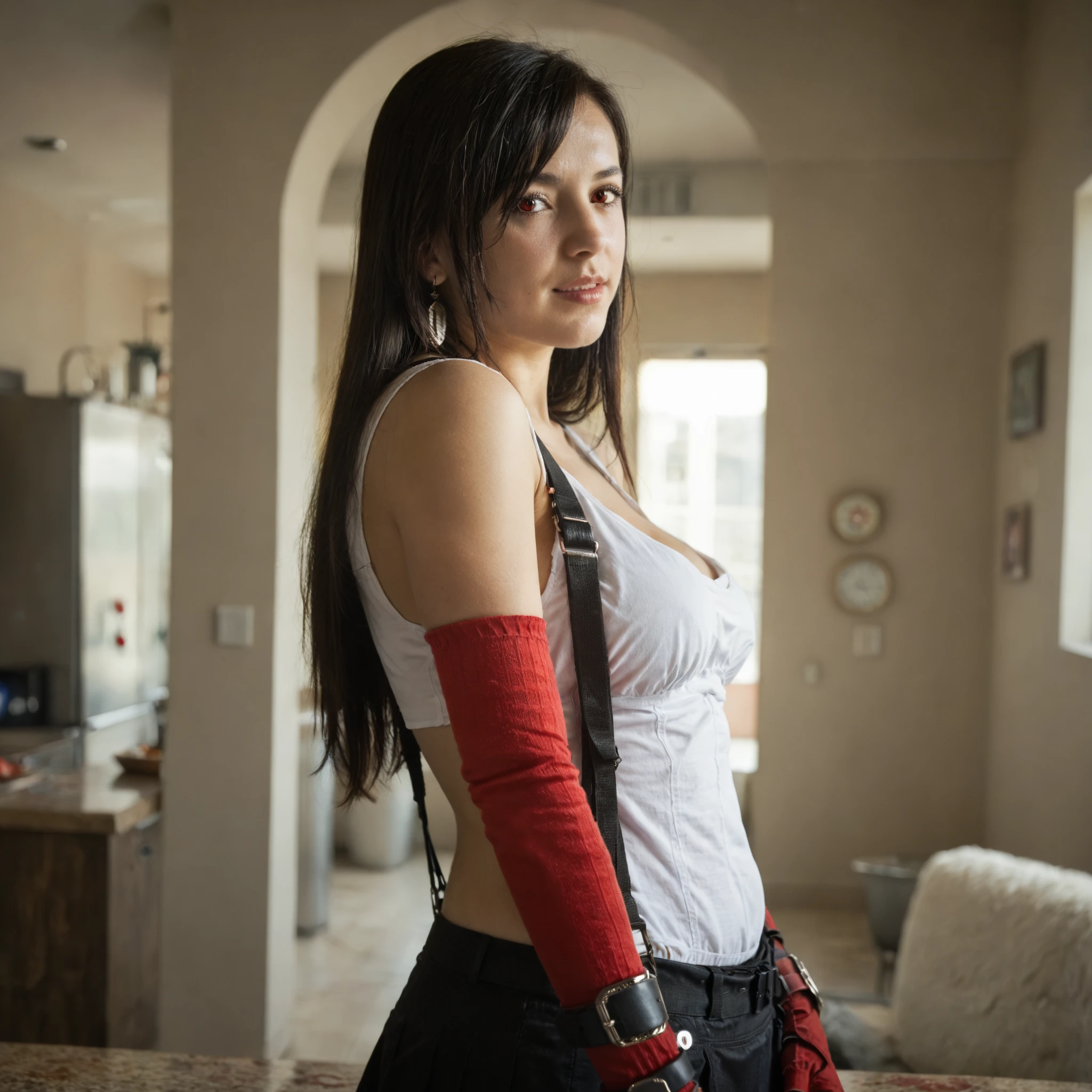 Tifa Lockhart, 1girl,  defTifa, (white shirt,elbow pad, suspenders, black socks, red boots,ultra miniskirt:1.3), medium breast, beautiful face, highly detailed face, highly detailed eyes, highly detailed skin, skin pores, subsurface scattering, realistic pupils, medium breast, full face blush, full lips, detailed background, depth of field, volumetric lighting, sharp focus, absurdres, realistic proportions, good anatomy, masterpiece, best quality,realistic, hyperrealistic, 16k hdr,erected nipples,cleavage,navel,(sweat:1.2),pub background,(moaning,naughty expression:1.2),(drooling,saliva:1.3),necklace,sitting,cameltoe,micro panties,(holding realistic dildo,sucking dildo,licking dildo:1.4),(peace sign:1.2),looking at viewer