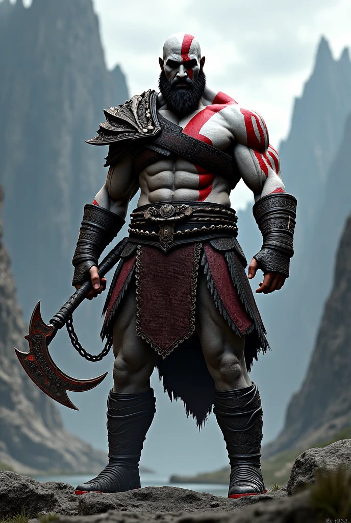 "kratos, main character of God of War, with their original swords, Blades of Chaos, generated with Unreal Engine 5.1, Rendered by Nvidia RTX GeForce 4090 and Processed by Intel Core i9-13900K. The armor is dark and worn, with leather and metal details. The swords are identical to the originals, with its distinctive design and serrated edge. La cara de kratos es igual a la oficial, with a serious and determined expression. The eyes are blue and penetrating. he is bald, with a completely shaved head. The lighting is dramatic, with deep shadows and intense lights. The background is blurry, with a landscape of mountains and cloudy sky. The image is hyperrealistic, with extremely precise details and realistic textures. The look is cinematic, with a focus on action and character intensity."