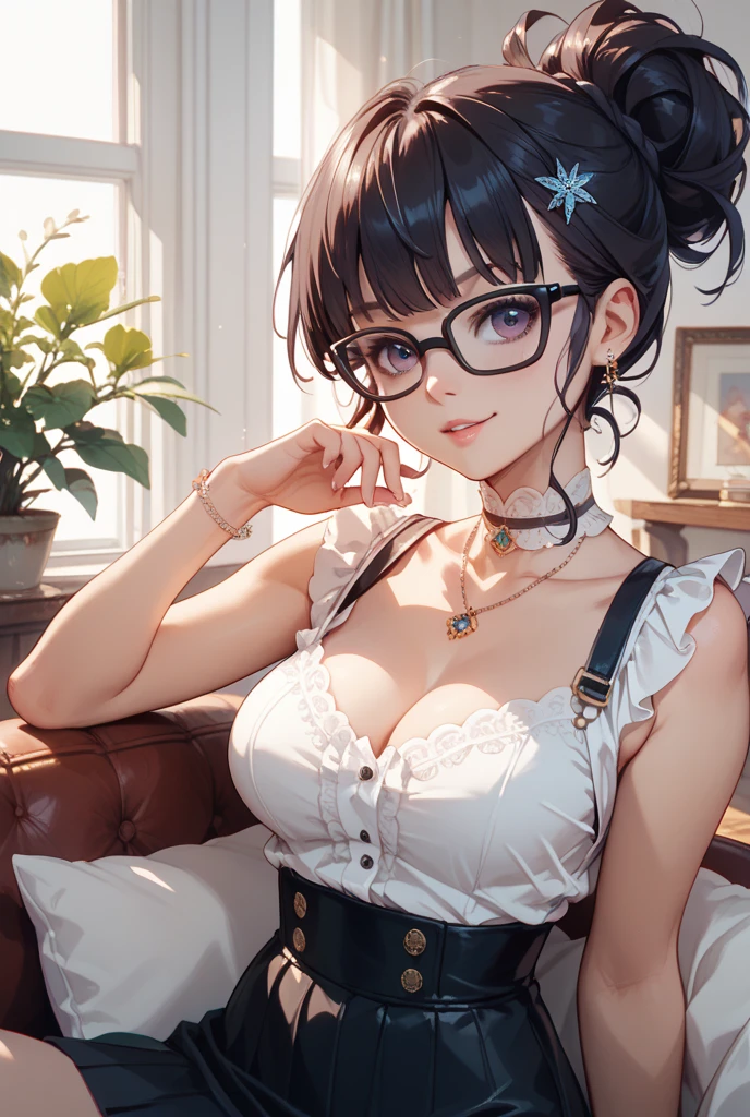 (Best Quality:1.1), (masutepiece:1.2), High quality shadows, Beautiful detailed, Beautiful face, Detailed eyes, Off-the-shoulder clothing,depth of fields, hight resolution, Best Shadow, Best Illumination, 1girll, view the viewer, (Black Hair:1.3),short detailed hair, Blunt bangs, Very short hair, Iritating eyes, Shy, Large breasts, Miniskirt, Blouse, Blazer, pump, Office Lady, Glasses,cleavage,Look into the camera,ssmile,closeup cleavage