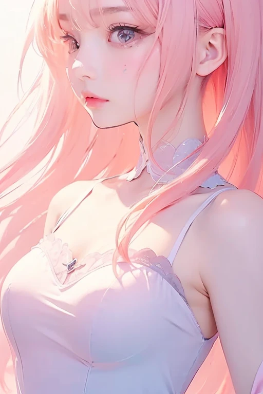 Light blue and pink color scheme，Sexy girl nipple，little body，，White curly hair，from back，stooped