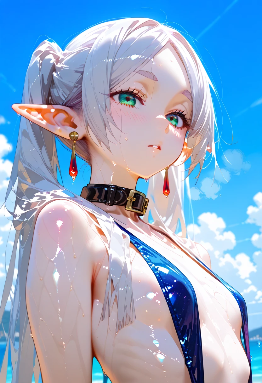 ((Mobilesuit:1.5)), ((Kyoto Animation Style)), super precision, ​masterpiece, very extremely beautiful, very detailed face and eyes, Princess Face, ((One adult woman)), ((Solo:1.5)), Big eyes, ((sky blue hair:2.0)), (Blue eyes:1.5), ((Very long hair)), ((Straight hair)), ((poneyTail:1.5)), ((Large breasts)), ((elf-ears)), ((耳Nipple Ring:1.5)), BREAK, ((a black choker:1.5)), Faint lips, Professional Lighting, (20yr old), Narrow waist, Shiny skin, ((Oiled skin)), glistning skin, Looking at Viewer, BREAK, A smile, ((cowboy  shot:1.5)), skinny thigh, Sexy, half-opened mouth, Space Colony,