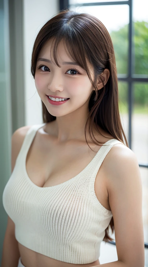 Japanese women, Detailed face, Captivating look, From the chest up, highest quality, Very detailed, Wearing a suit, She is wearing a white blouse underneath, Long Curly Hair, Age 24,Sexy smile, Well-shaped D cup breasts, Hunchback, Cleavage, office, (Looking at the camera), (From above)