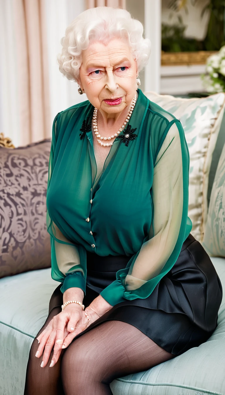 (busty breast), (queen elizabeth 80yo sitting on sofa) (chiffon sheer green blouse and black skirt:1.3), cleavage, pearls