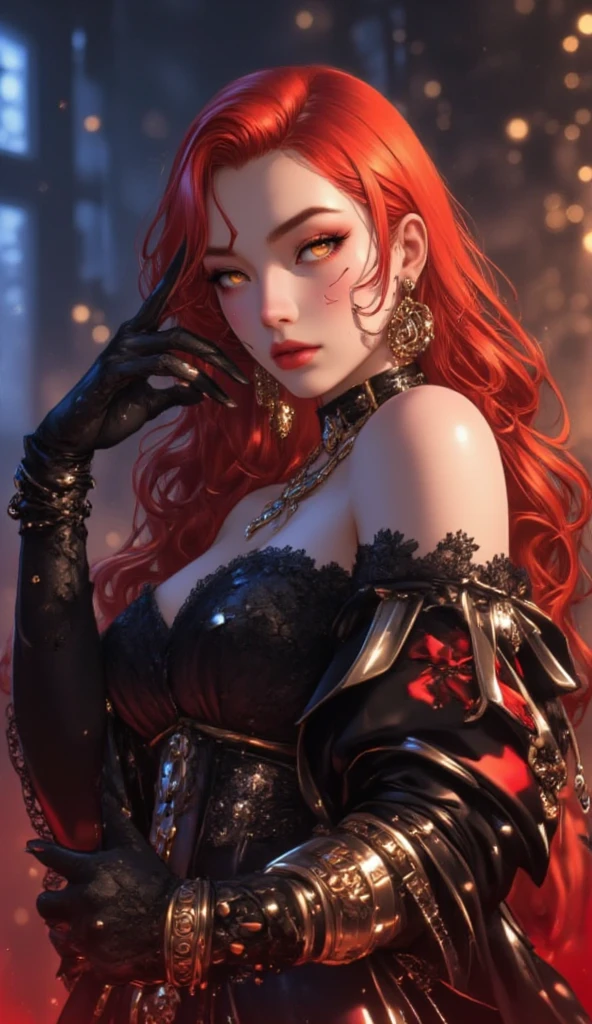 highly detailed, 8k, masterpiece, 1girl, Red tied_hair, dress , crazy_smile, (perfect_face), detailed_background, full_body, bloom,(beautiful lighting:1.3), caustics, dynamic lighting, from_below