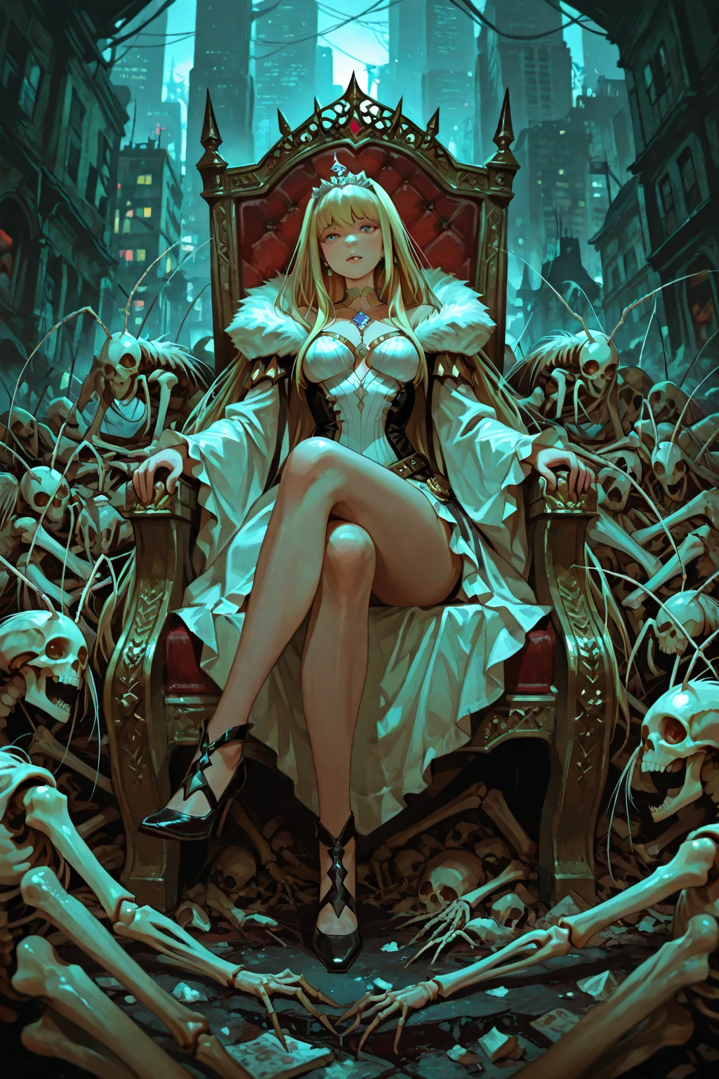 Full body portrait，Low Angle View，A sexy and charming woman sits on the throne on top of a pile of skulls，Hands wearing gorgeous and exquisite jewelry，Bronzed skin，Golden Eyes，Snow-white hair，Long legs，Boots，Oil painting effect，Snapshot aesthetic style ， Extreme detail，Rich details，OC Renderer，8K，Super Fine，Hyperrealism，masterpiece，Rich in details