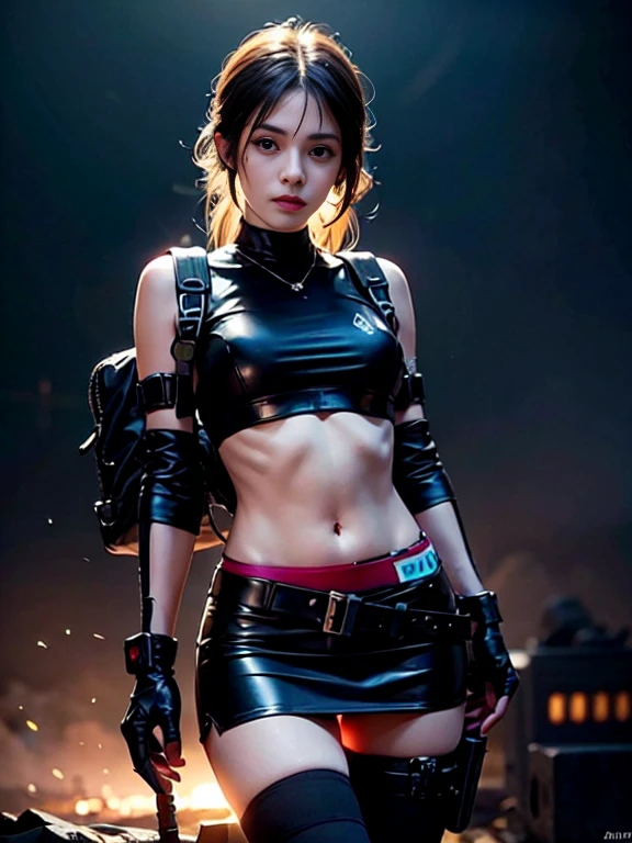 In the smoky, neon-lit night bar of the mid-80's, Tatsjana stands out as a stunning beauty amidst the chaotic dance floor. The strobe lights flash, casting an otherworldly glow on her mesmerizing face. Around her, people writhe in rhythmic convulsions, lost in the vortex of color and music. In the background, the Terminator, eyes fixed on Tatsjana, holds a hand-eld plasma gun, its laser sight slicing through the semi-darkness like a blade. The noir atmosphere is palpable, a cinematic scene straight from The Terminator.