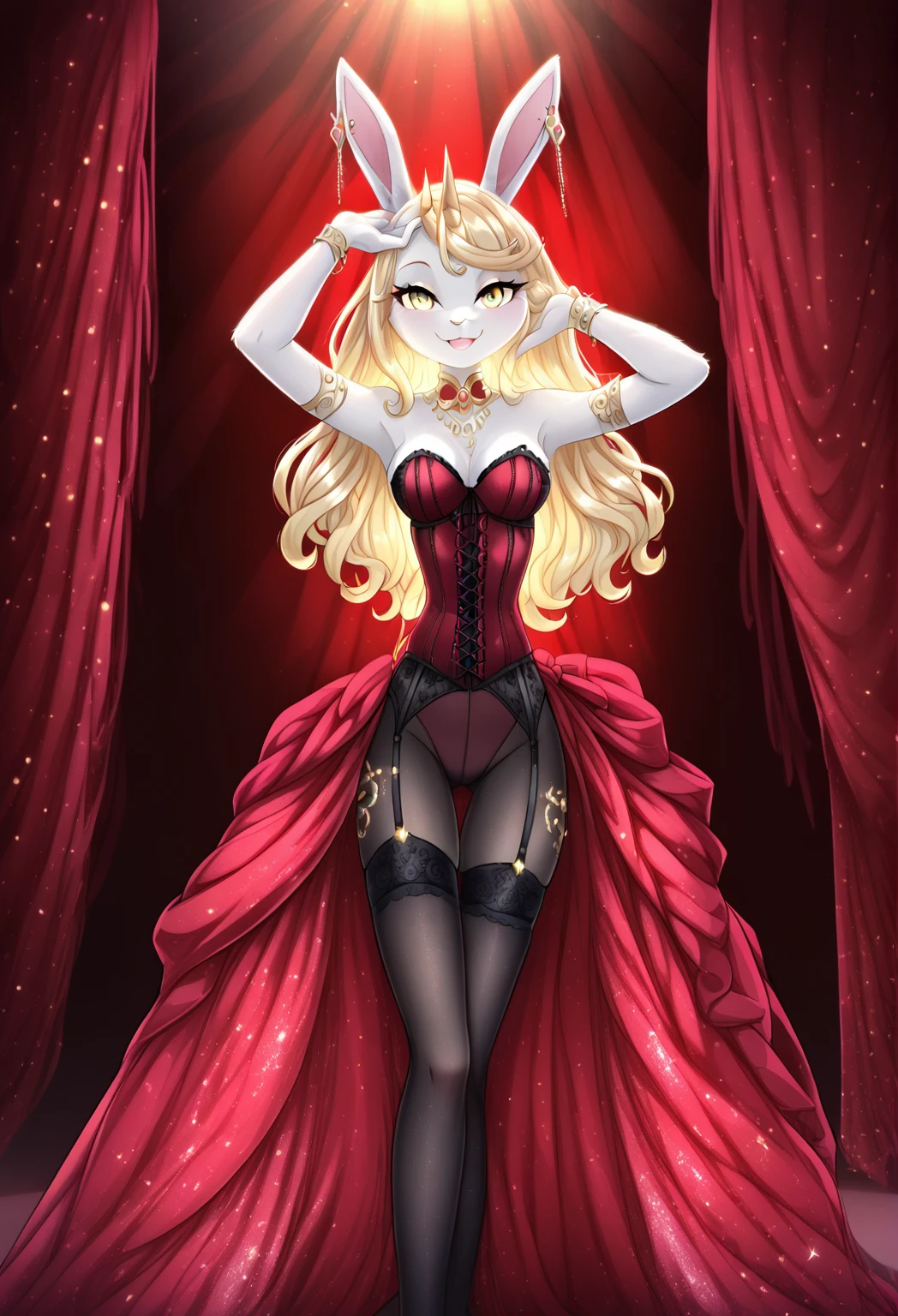 1girl,25 years old,Charlie Morningstar, long hair, yellow sclera, blonde hair, white skin, perfect anatomy, smilingfull body,extremely detailed face and eyes,beautiful detailed lips,long eyelashes,elegant dress,dramatic lighting,cinematic composition,she is wearing red lingerie,sexy lingerie,looking the camera,flirting with camera, embarassed look,in her hazbinhotel, with anime look
