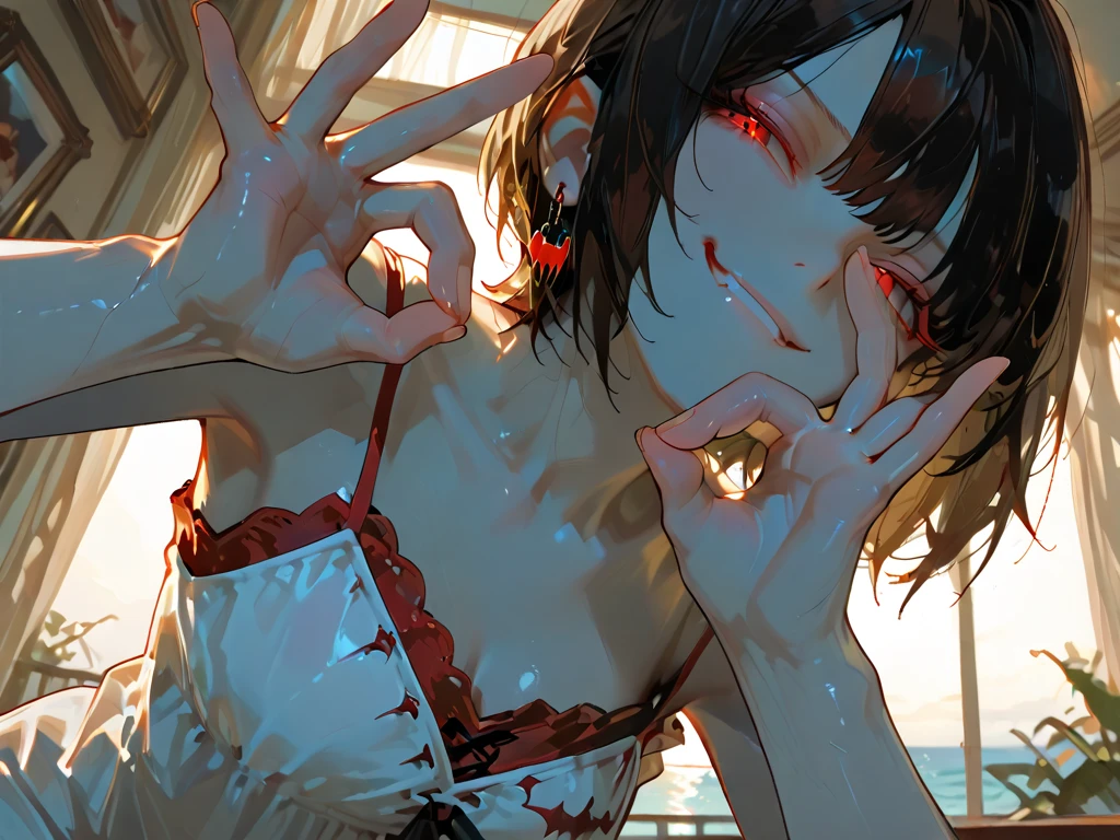 absurderes、​masterpiece、top-quality、realisitic、Hyper-detailing、(skin gloss、Sweatiness:1.4)、(One Woman、short hair soaked、hyperdetailed body、hyperdetailed face)、(Upper body naked、Panties underneath)、(Thigh:0.5)、动态照明、hight resolution、foco nítido、depth of fields、((small tits、very slender body、thin neck、skinny thigh)),(open open mouth、Stick out your tongue、red blush、embarassed expression、Staring at the viewer)、(Gonzo)、(Background blur),