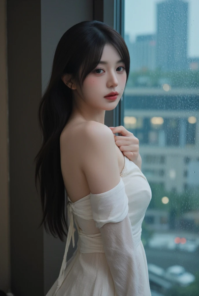 Masterpiece, best quality, full body portrait, far view, panoramic view of the bridge, facing the camera, 21-year-old girl, ((beautiful detailed face)), ((side sitting on the roof of the building)), long black hair, wheat-colored skin, (highly detailed), clearer, slightly drunk makeup, red halo, red lip gloss, long eyelashes, bright big eyes, movie lighting, master works, high detail, 8k resolution, colorful picture, light and shadow details, extremely delicate beautiful girl, delicate facial features, perfect face, ((bandeau dress, wrapped feeling)), Perfect body, stunning beauty, extreme details, realistic details, (night view of distant street lamps),
