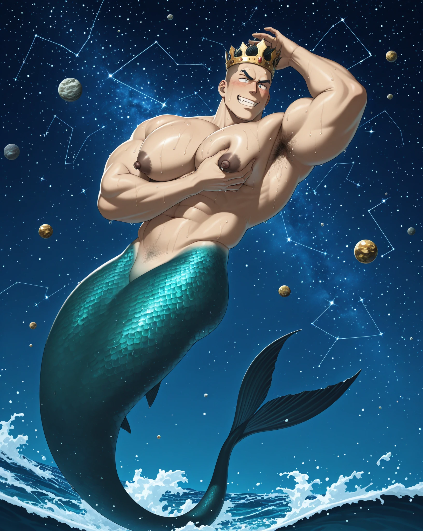 Donald Trump (bandage on one ear, happy grin, muscular, conan outfit) has just speared a fish and raises it out of the water for the women to see, forest pond