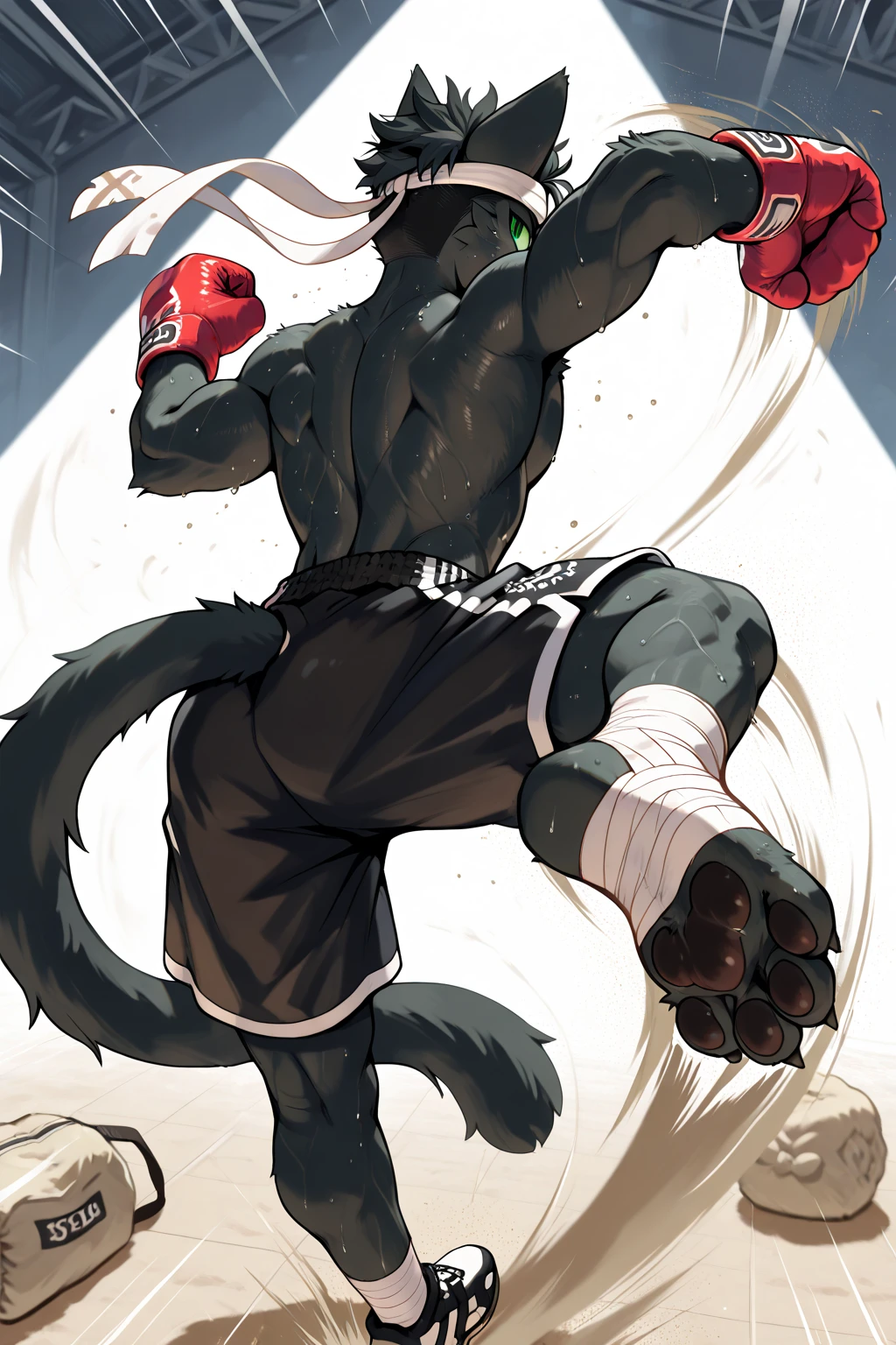 one boy, toned, flexing, sharp big cat ears, cat tail, big black messy hair, extremely vibrant red eyes, masterpiece, vibrant, slim dark black hoodie, full body view, neutral face, black thigh socks, combat boots.