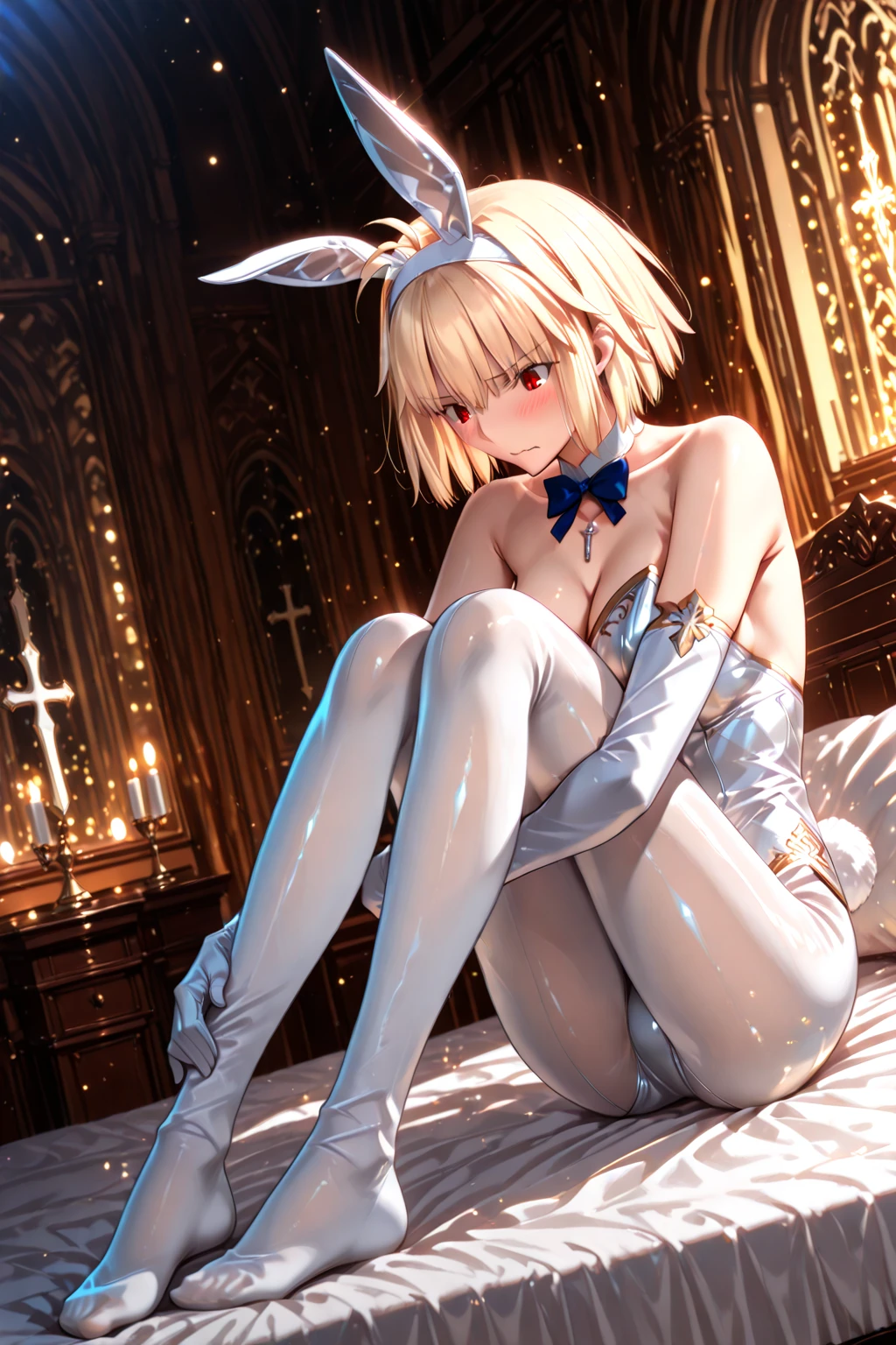 Gwyndolin, short white hair, solo, flatchested, cowboy shot, purple eyes, looking at viewer, blush, rear view, ass,
GwyRob, white thighhighs, gold jewelry, white elbow gloves, tight white dress,
near bed,
cathedral, nighttime, bed,
(insanely detailed, beautiful detailed face, masterpiece, best quality) <lora:Gwyndolin-10v3:0.7>