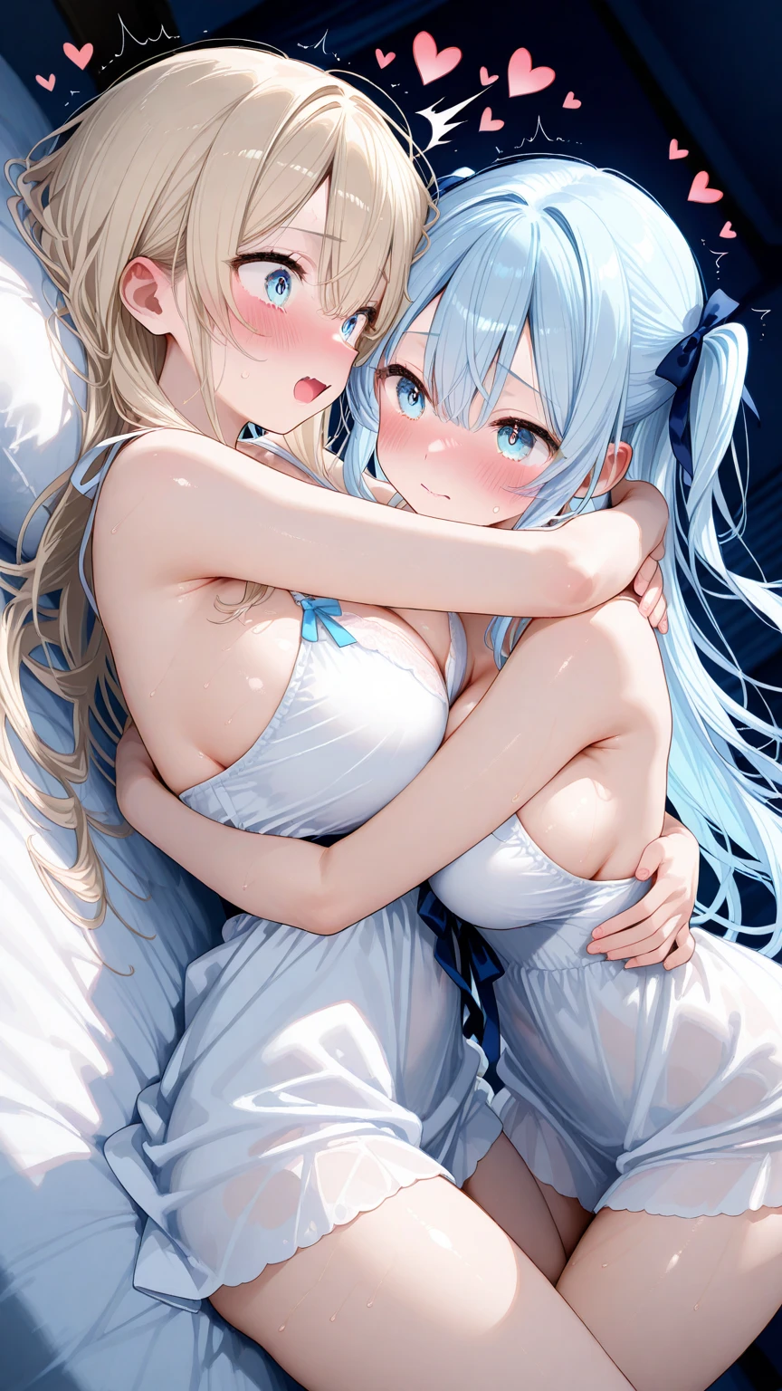 ((highest quality、High resolution))、(((2girls))), Portrait、A beautiful woman、Perfect body、beautiful ample breasts、Nipples、Long blonde、bangs、Blue and white、Embellished blue sexy dress、skirt、Sexually excited facial expression、(((I'm tempting you、I'm inviting you to have sex)))、Outdoor Scenery