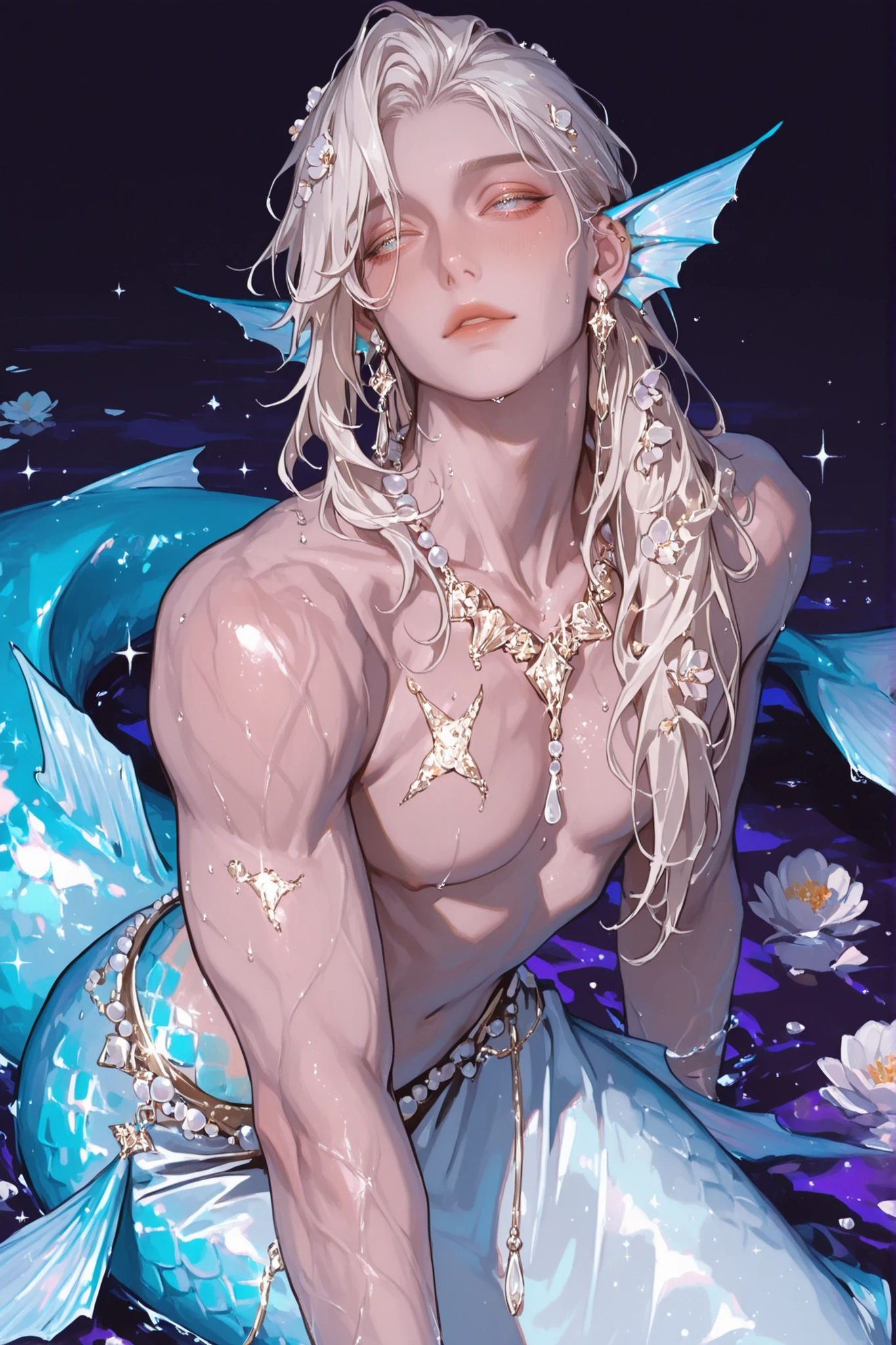 a beautiful and soft male mermaid (lonely), (male ), soft bare chest muscles ,beautiful and soft, golden and long hair flying in the water, white and silver-gold fish tail sparkles, Ear fins, ruby phoenix eye, pearl jewelry, pearl necklace, pearl jewelry, Flexible and feminine, white fish fins sparkle on the skin, flower jewelry in hair. Gentle and innocent facial expressions, pitiful eyes, lips slightly puffed up in sadness. white fish fins stand out.(Main color: white, purple, black) , ocean sense