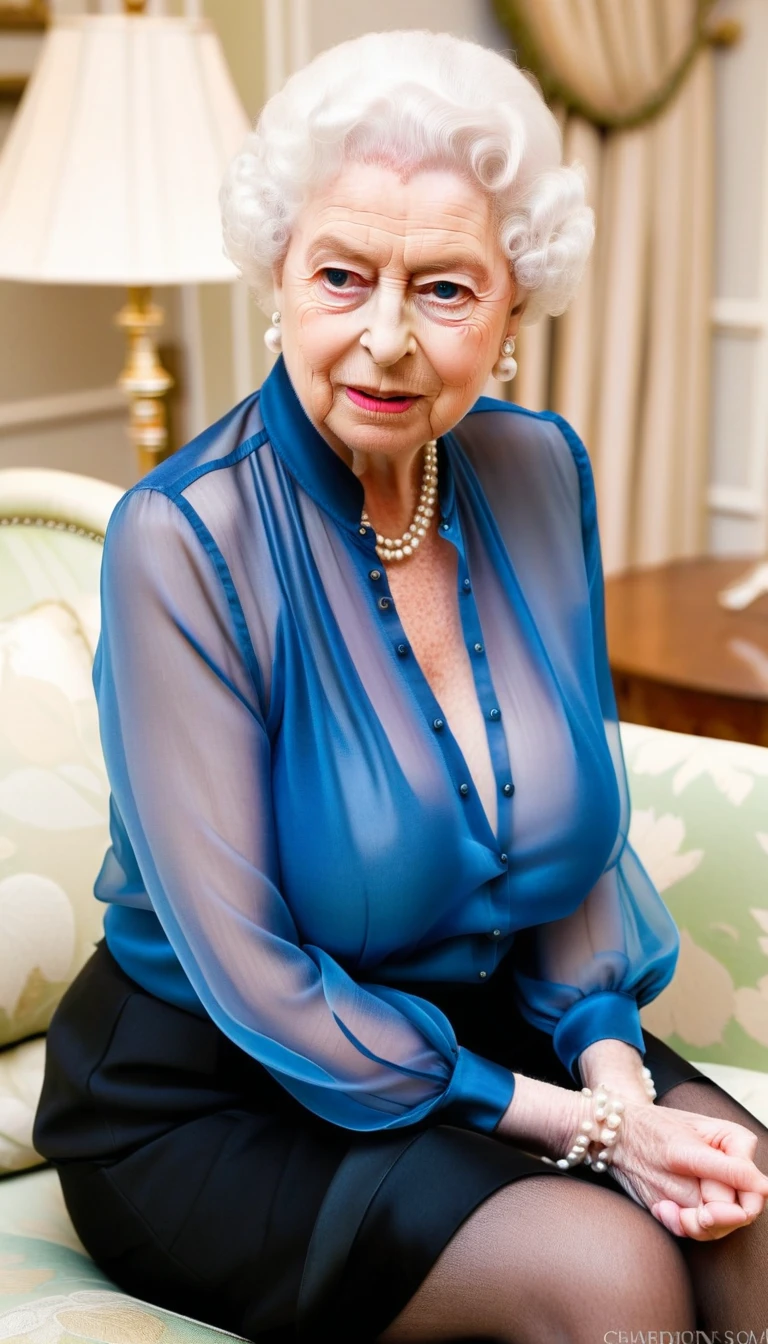 (busty saggy breast), (queen elizabeth 80yo sitting on sofa) (chiffon sheer pink blouse and black skirt:1.3), cleavage, pearls