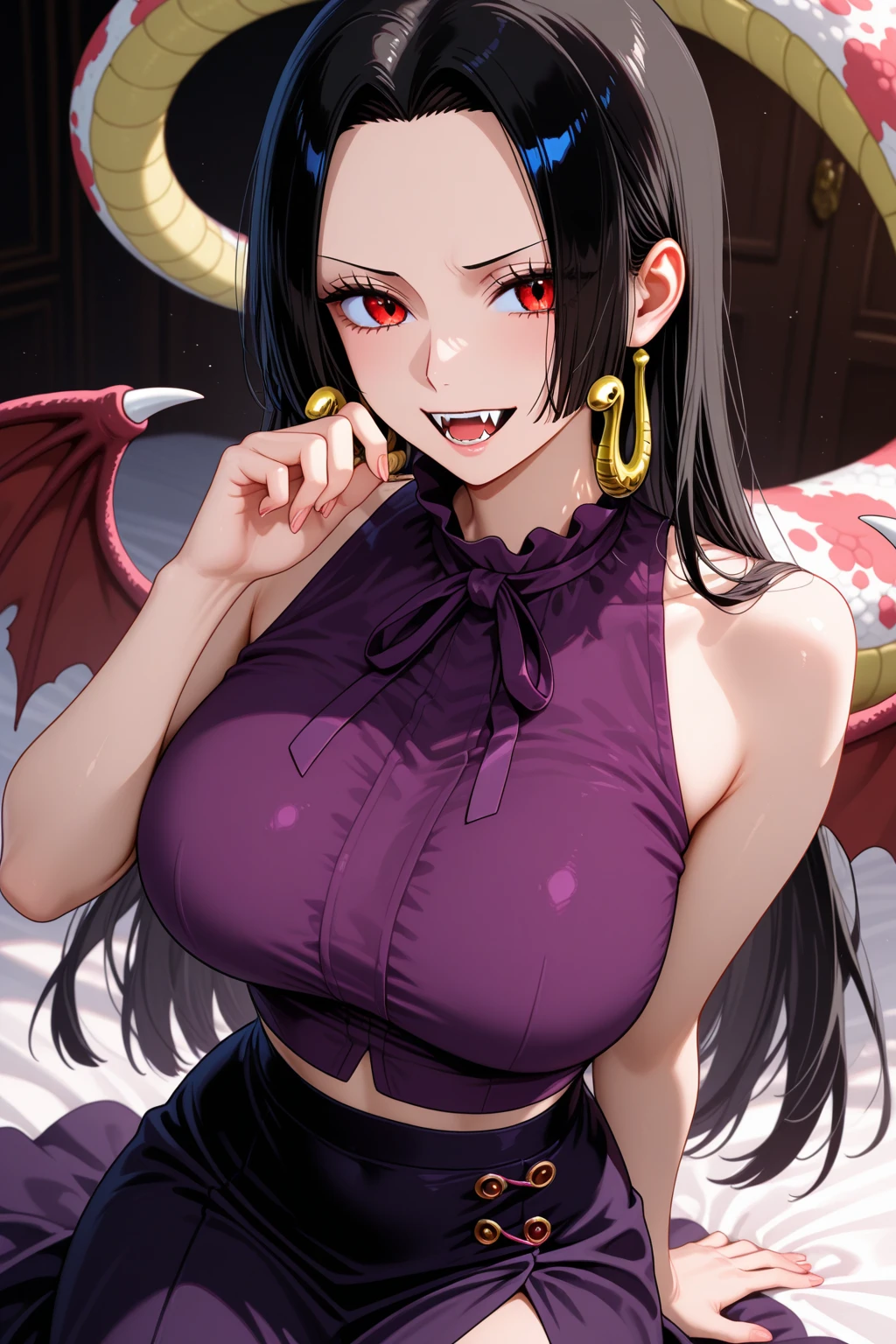 (masterpiece:1.2), best quality, Beautiful rebellious girl,portrait, 
1 Girl, have, open mouth, Glossy lips, Black long hair, , Pink Eyes, earrings,, Long eyelashes,  contour, Upper Body, Clothes Writing,Huge bust、Protruding chest、Super huge、Huge breasts,  Barcode tattoo, bust,  Smile, Collar，Huge Breasts，Drool，Milky saliva，Showing breasts，Chest-baring clothes，拴着铁链的Collar，Fangs，Facing the camera，Red heart-shaped pupils，Superbly detailed eyes，Exquisite face，Detailed face，Delicate nose，Intricate tattoos，Rainbow colored hair tips，
 Transparent vest，Hancock
