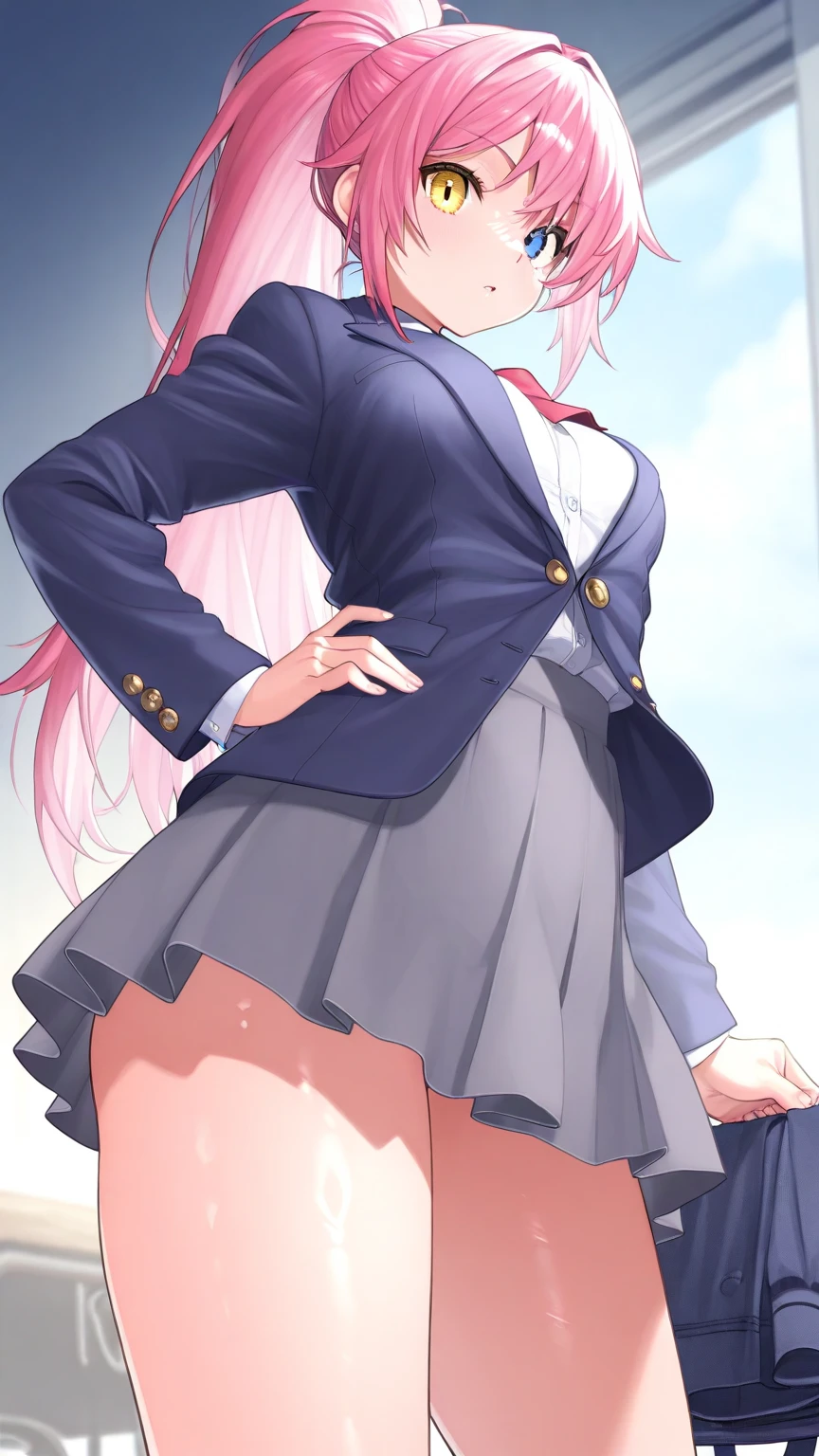 Highest quality、masterpiece、high resolution、8K、(((Spread your legs)))、Uniform Blazer、Beautiful beauty、Long brown hair、((whole body))、(((Photo taken from below)))、School、classroom、mini skirt、Panties are pink lace、Japanese、tall、Model-like body、slender、Long limbs、Her hairstyle is twin tails.、18-year-old