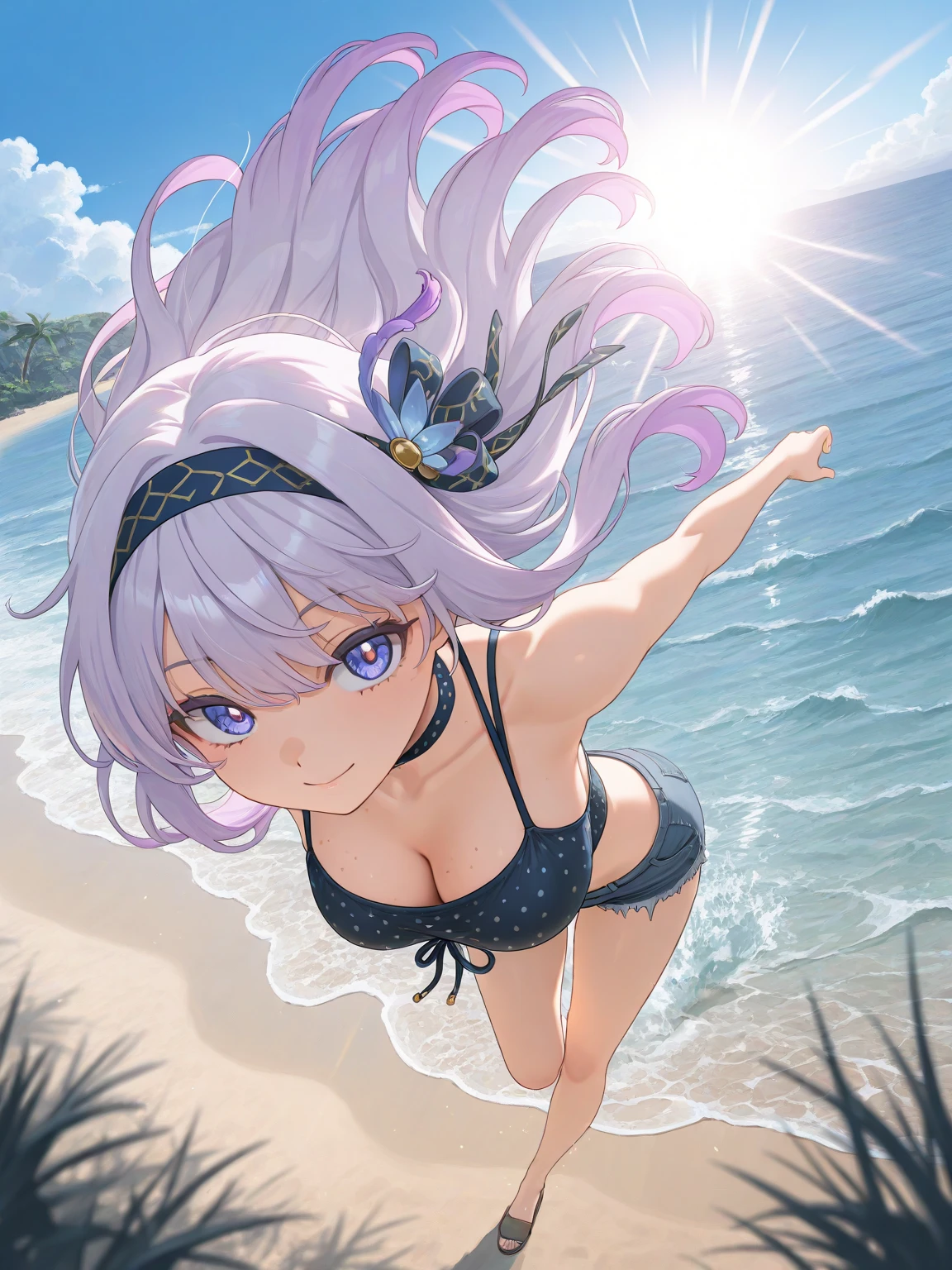32k, best quality, ultra high res, HDR, UHD, extremely detailed CG, unity 32k wallpaper, masterpiece, Highest quality, Super detailed, figure,, Medium Hair, One girl, Purple Eye, Gray Hair,, Swimwear,, Detailed Background, mksts style, Beach, Confused eyes, smile, Sunburned skin, 