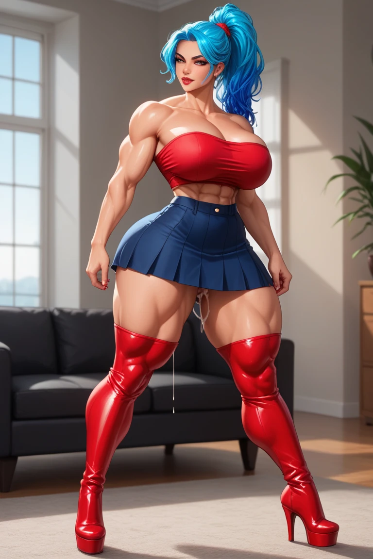 woman bodybuilder with very large calves very beautiful resemblance sailor uniform, full body standing symmetrical lustful smirking smile face (red blush), martial art, bouquet of flowers holding, full body toe to head, feet together, high boots, big breast, paladin warrior knight, hands on hips. red tattoo on belly, bedroom background, royal bedroom