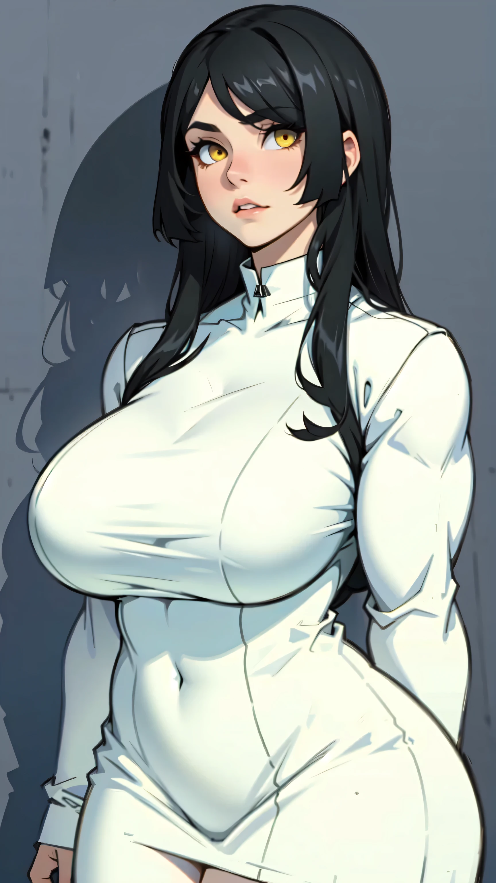 (((girl muscular thick))) pale skin black hair ultra detailed eyes huge large breasts toned body embarrassed blush very long hair skintight suit yellow eyes