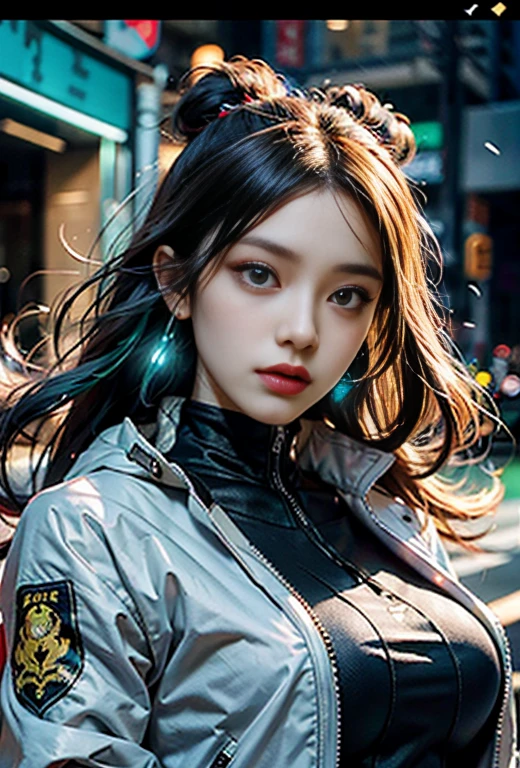 (highest quality、4K、8k、High resolution、masterpiece: 1.2)、Very detailed、(Genuine、Realistic、Realistic: 1.37)、photograph、(Front and side close-up of face:1.7)、((Young and very beautiful woman))、The woman is wearing protective clothing、(Ride a motorcycle and race)、(Leaning the motorcycle into a corner)、(Flowing hair and flowing clothes、background、Motion Blur Effect:1.37)、spark、Incandescent bulb、Neon color、Future City、Vibrant Street、Light reflections on wet sidewalk、Skyscraper、Sculptural architecture、Holographic Signage、Stylish and sophisticated design、Blurred motion of speeding cars、energy and excitement in the air、(Windy atmosphere)、Moonlit cityscape、Sure Future Motorcycle