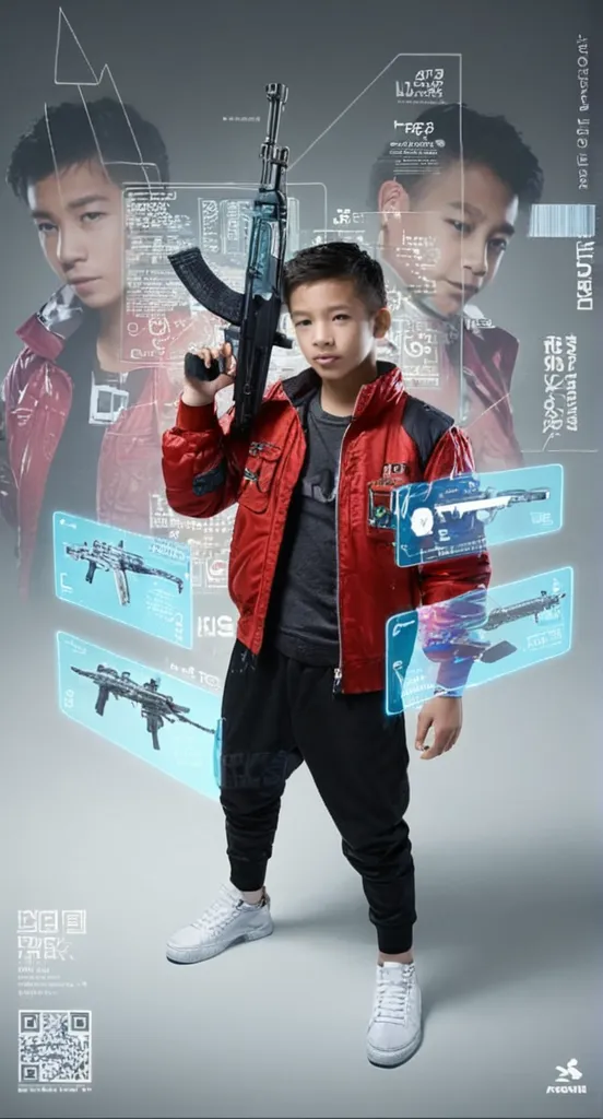 there is a young boy playing a video game on the television, with rifle, with pistol, with hand crossbow, holding a mp7, ???, holding a laser gun, next to it is a toy ray gun, action pose, airsoft gun, carrying a laser gun, colorful airsoft gun, in an action pose, nerf or nothing, holding a blaster