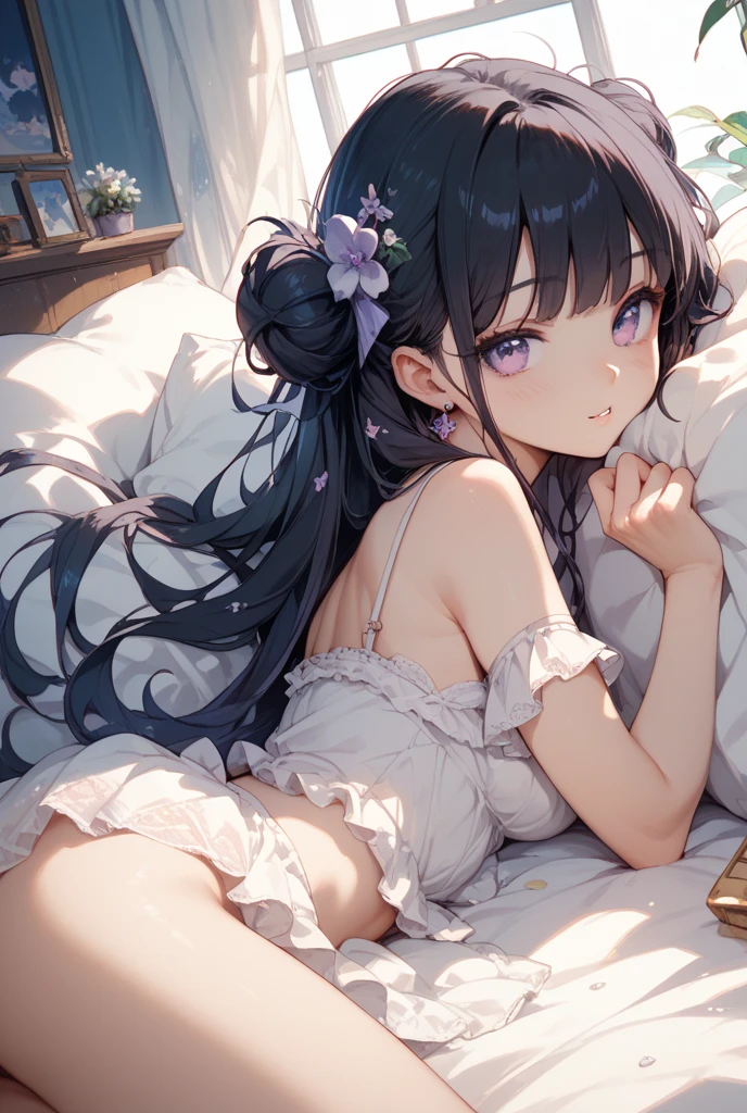 a girl lying in a sexy dress on her bed, prone position, head resting on hands, coquette style, sexy, nsfw, Very Long black Hair with gray highlight, black eyes