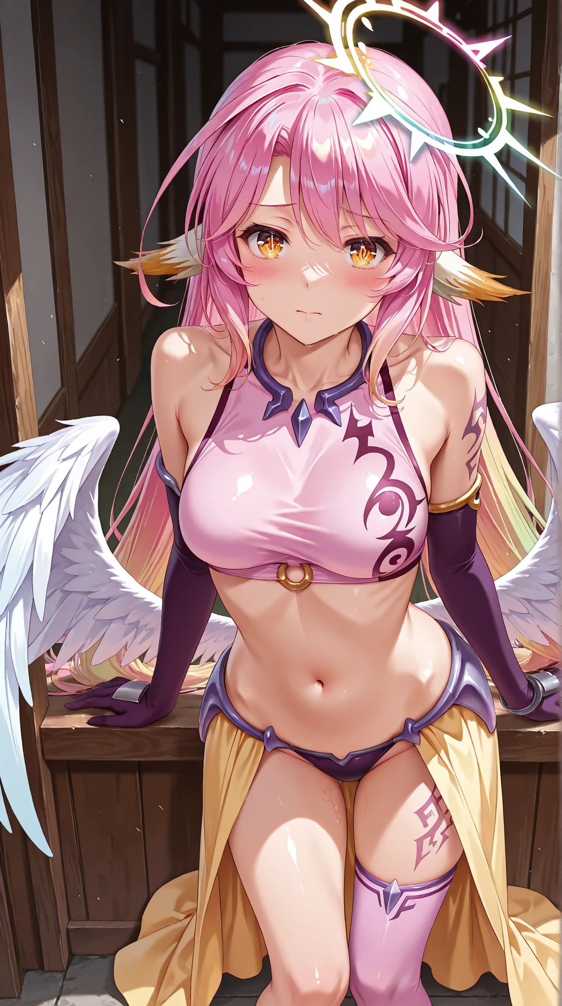 (masterpiece, best quality),best quality, (ultra-detailed), (3heads:1.5), 1girl, (mystia lorelei:1.3), masterpiece, best quality, brown top, crop top, ((stomach)), midriff, ((groin)), brown skirt, normal ears, shackles, pink hair, very long hair, wavy hair, sidelocks, red eyes, parted lips, single horn, sweat, cute, toned belly, hand on own chest, eyelashes, (24 year old woman:1.3), (masterpiece:1.5), (best quality:1.5), (beautiful detailed, extremely detailed CG, extremely delicate and beautiful, depth of field, (finely detailed face), (perfect details:1.2), (mature female:1.3), wide pelvis, slender, large veiny breast, 8k resolution, very high quality, very high definition, extremely detailed, masterpiece, pink hair, long hair, alluring presence, braid, short skirt, close up, big tits, young, bird wings, wings, earrings, white wings,