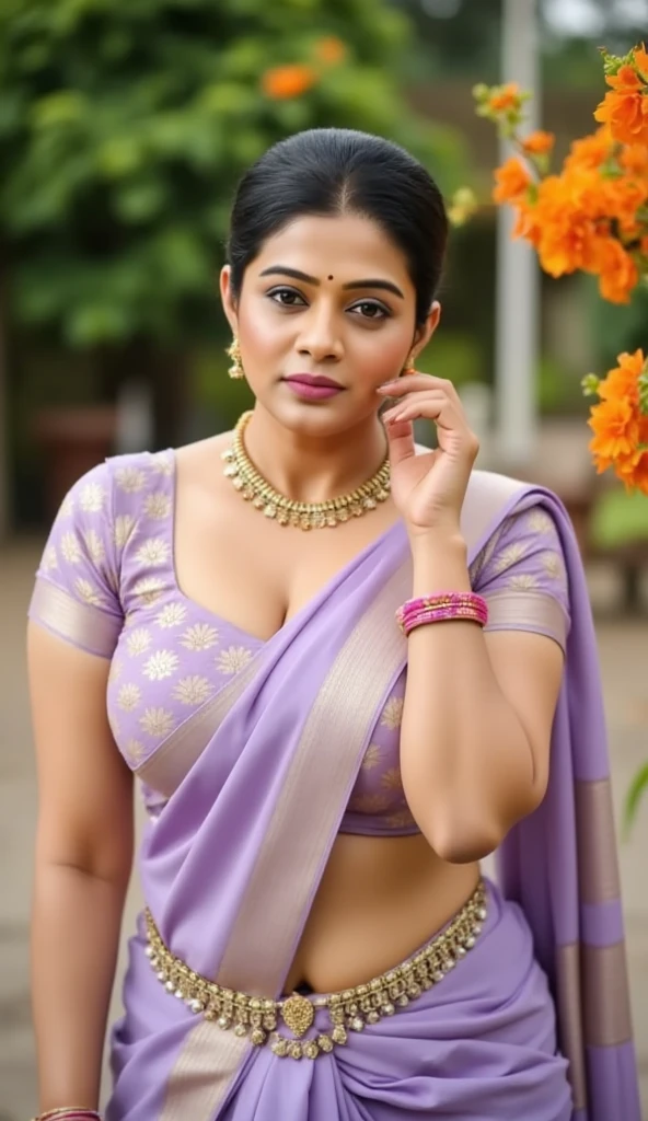 arafed woman in a pink sari, looks like Sandeepa Dhar, thick figure, curvy, traditional beauty, hindu aesthetic, assamese aesthetic, traditional makeup, indian goddess, indian girl with brown skin, wearing bihu dress mekhela sador, indian style, indian, gorgeous woman, south east asian with round face, a stunning portrait of a goddess, beautiful himalayan woman, beautymarks,