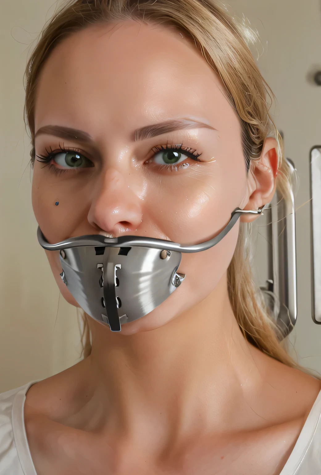 (Eva Longoria, bdsm, bondage, muzzle mask, drool dripping, drool dangling, breathplay), 8k, realistic, drooling, pleading eyes, dripping wet, waiting to be tortured, cleavage, drool all over face, drool all over breasts, breath control, sweating, exact likeness, lots of drool, saliva dripping,