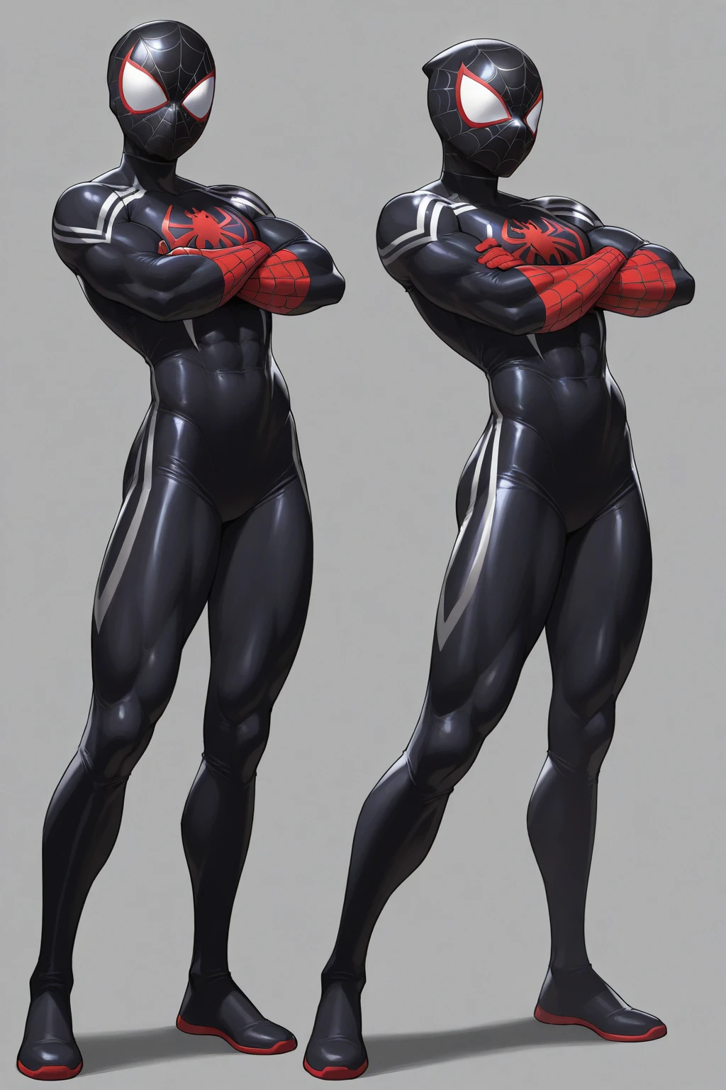 Close-up of a man in a tight super suit, Spider-Man mask, ((character concept art)), ((character design sheet, same character, front, side, back)) tall, slender, shredded, skinny, Concept art, chara-sheet