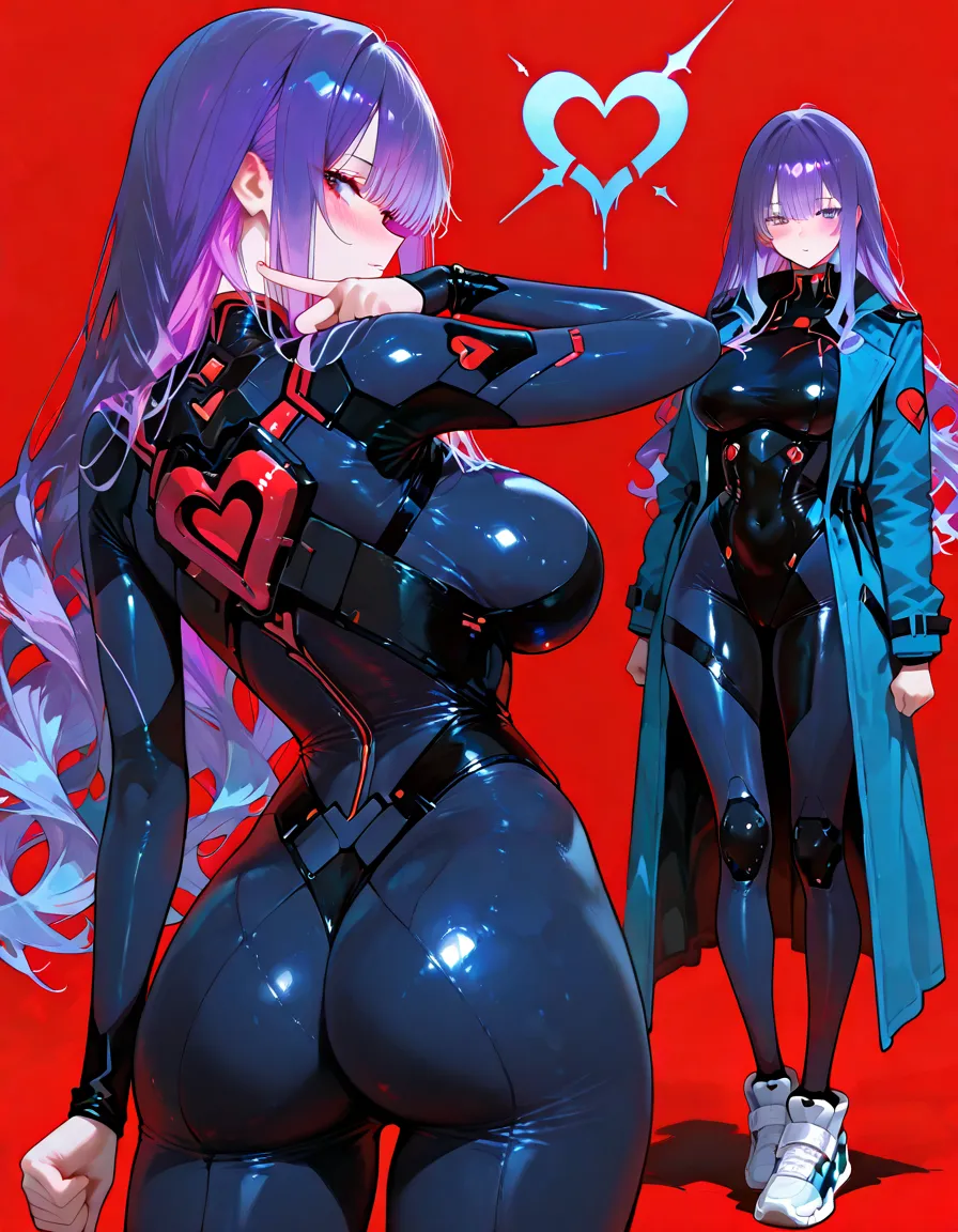 ((best quality)), ((masterpiece)), (detailed), perfect face, 2 Tall Women, Big Boobs, Tied with Ropes To a Pole, Cyberpunk, Futuristic, Purple Hair, Latex Lingere, , Hands Up, Shibari, Pearcings, Blush, Shy Expression, Full Body,