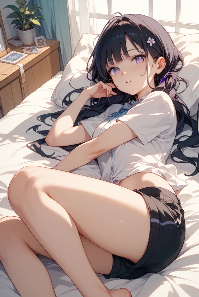 high quality, 最high quality、 Stylish design, (((The cutest girl))), ((Thin legs))、(((最high quality))), High resolution, ((detailed)), ((masterpiece)), ((Super detailed)), 14-year-old girl、Black Hair、Inner Color、((Lying on your back in bed),underwear,I can hit it),((Sexual))