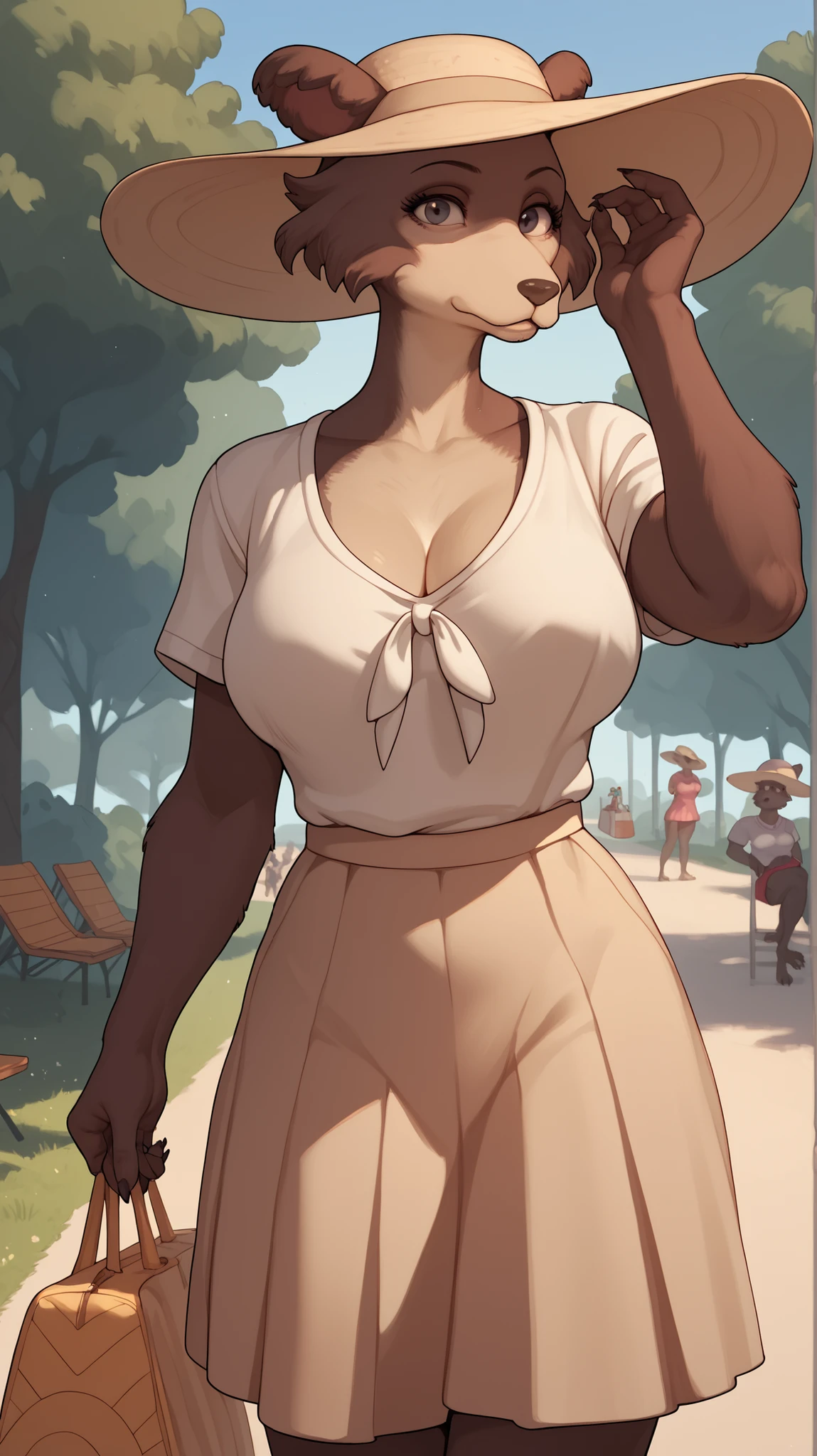 Park, beautiful pose, in front of the viewer, mature woman, Anthropomorphic wolf girl, brown fur, big breasts, short t-shirt, skirt, summer hat, beach bag,