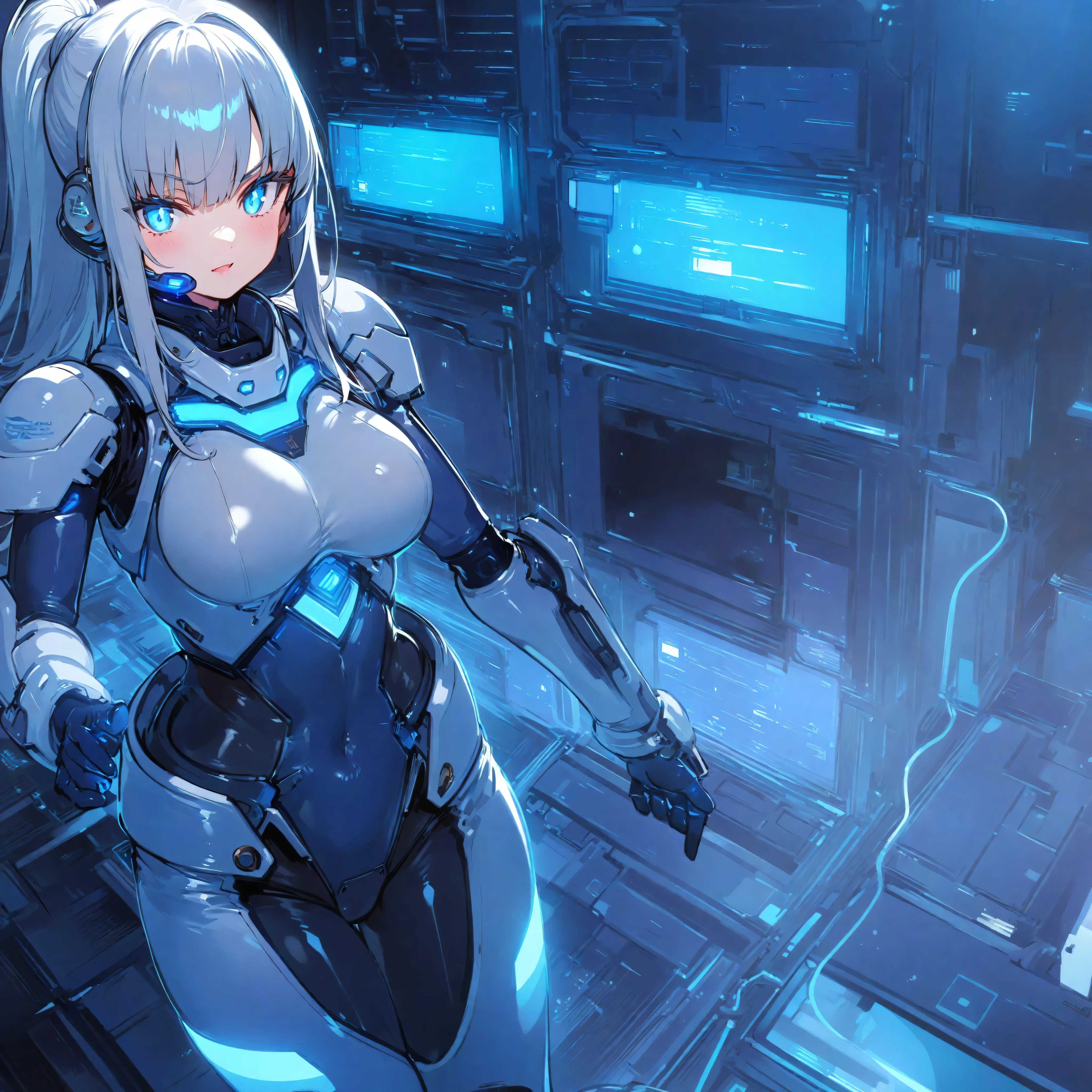 female, blue eyes, robot, black metal body, (((1girl))), (((white cybernetic armor with blue trim))), (white cybernetic gauntlets), (white cybernetic boots), (black tactical belt), (gold badge on shoulder), (white cybernetic helmet), (white mask), long legs