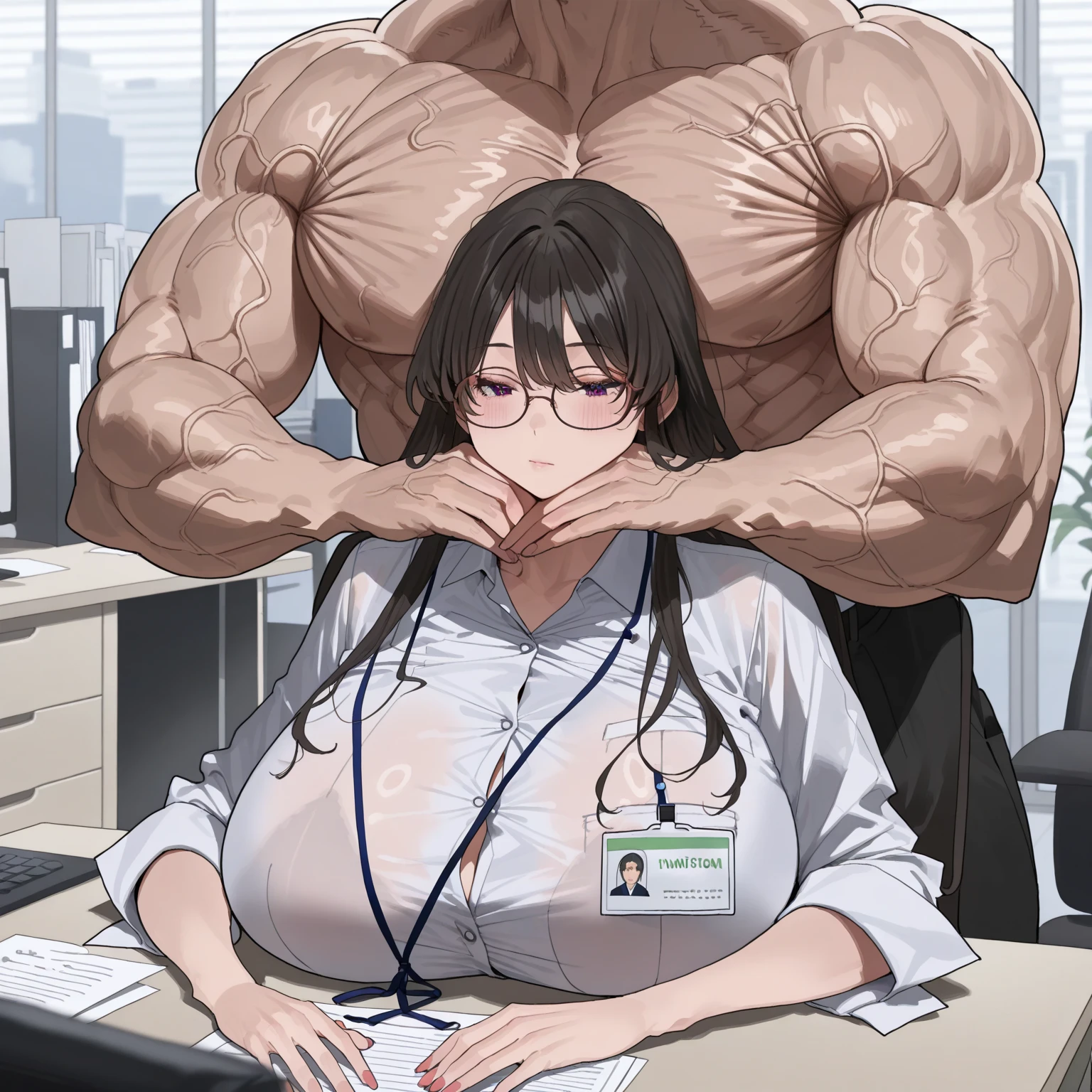 girl and colleagues,beautiful face,unbuttoned, muscular female, alternate muscle size,office ,pecs,muscular ,biceps,upper body,blush,glasses,torn clothes