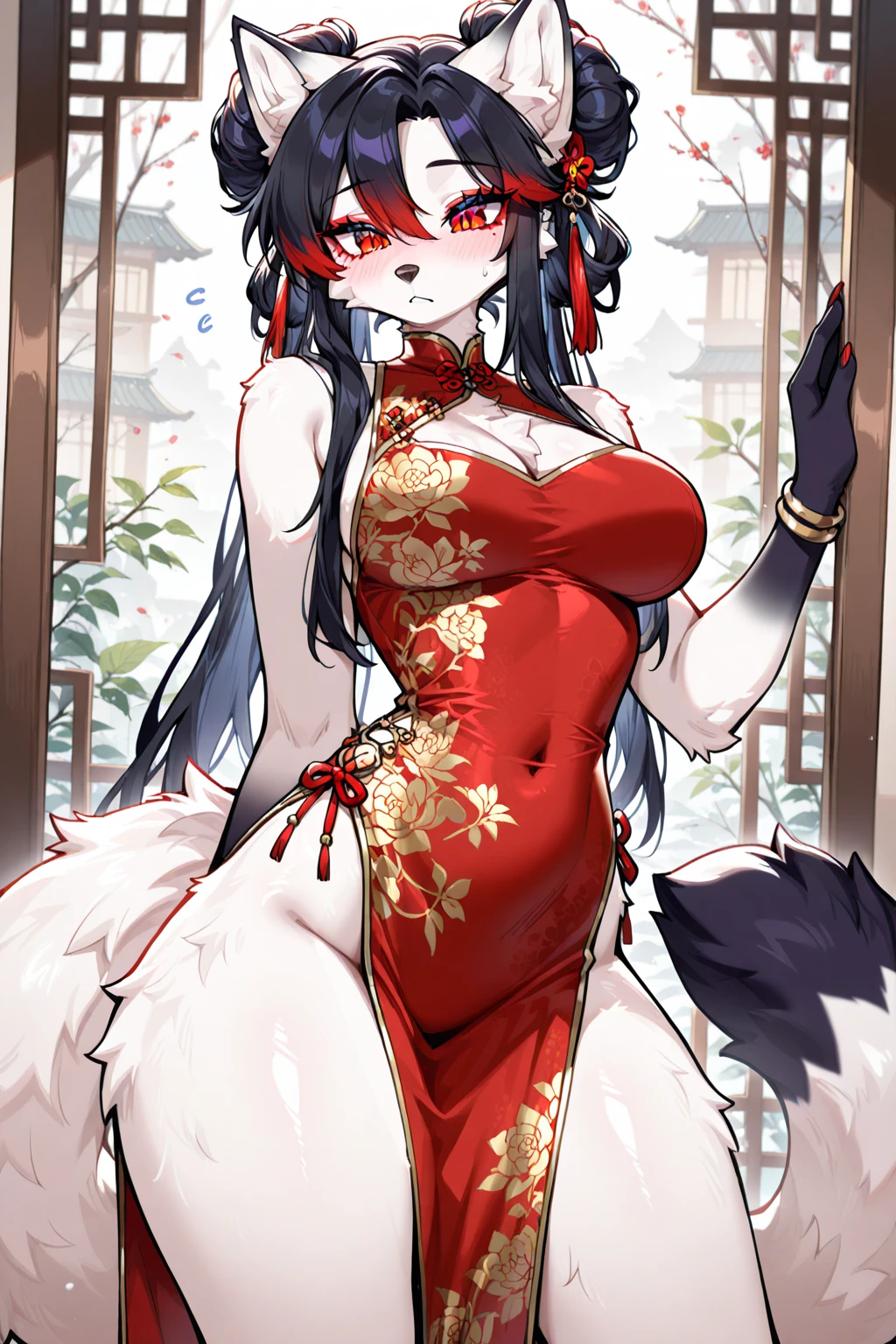 Exotic cartoon, oriental character, 1girl, breasts, tail, animal ears, solo, fox ears, fox tail, dress, skindentation, cheongsam, from the side, big, blush, white background, fox girl, looking viewer, bare shoulders, short hair, animal ear fluff, food, simple background, cheongsam, cowboy shot, removed sleeves, hair ornament, red dress, long sleeves, buttock