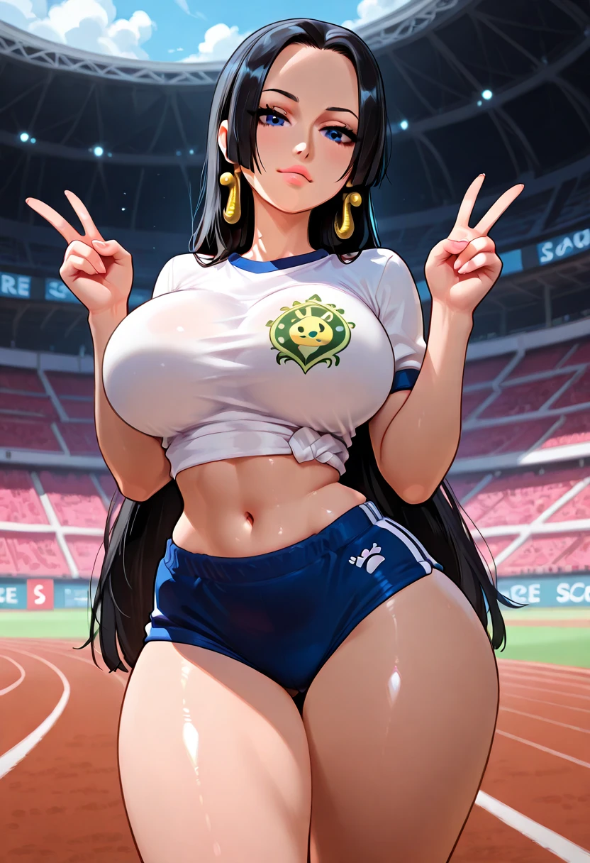 (melhor qualidade:1.3), (qualidade 4K), good composition, green glowing light, full body, head rest, lips, (pretty face, low-tied long hair, ((red_eyes:1.3)), (day:1.2),yor,  , sweaty body, big eyes , wide bold lips, athletics stadium , angle from below , extreamly voluptuous curvy body ,   , (low-rise tight panty) , perfect abs , thick calves, sweaty body, attractive smile, cheek blushed , photorealistic, 8k, ultra realistic.