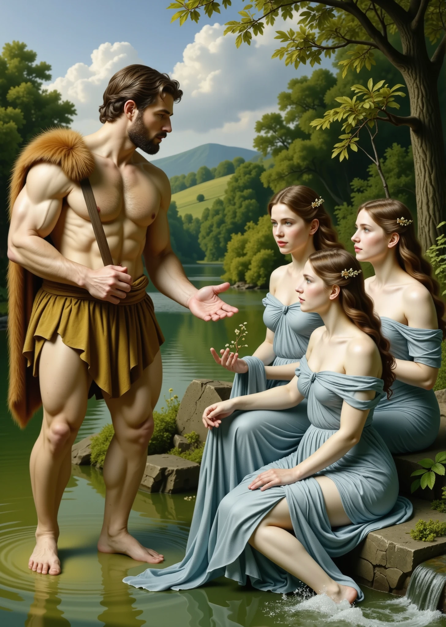 Hercules standing by a riverbank in a lush, mythological landscape inspired by Renaissance art. He has a muscular physique, wears a lion skin. He gazes calmly while conversing with three water nymphs standing in the shallow river. The nymphs have flowing gowns made entirely of translucent, shimmering water that cascade into the river like liquid silk. Their expressions are serene and poetic, with long wavy hair adorned with aquatic plants. The background features soft golden sunlight, classical trees, distant hills, and a gentle atmospheric haze. The composition is balanced, dramatic, and richly textured, with warm earthy tones and masterful light-and-shadow modeling in the style of Renaissance painters like Botticelli or Raphael. Style: realistic Renaissance painting, high detail, natural light, emotional