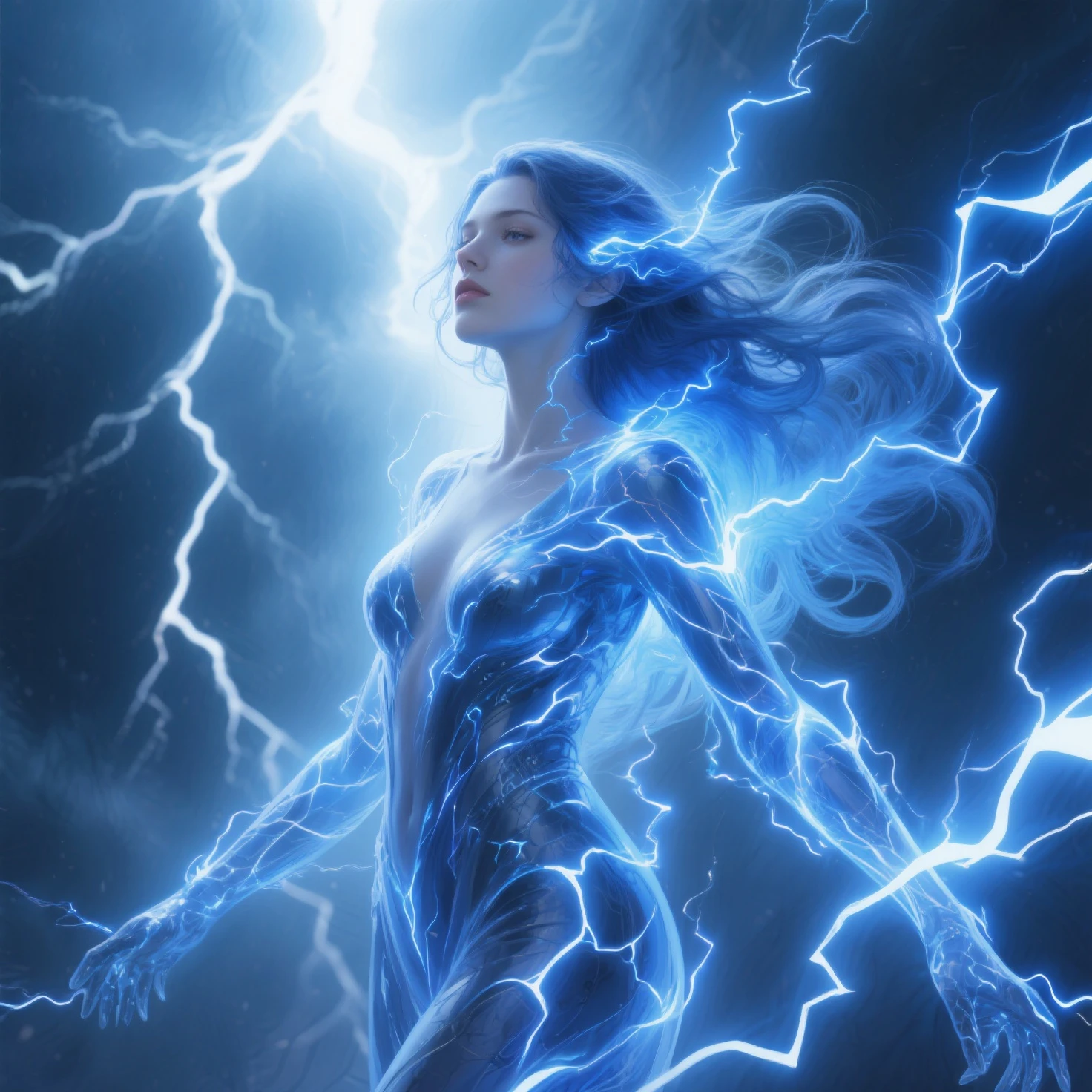 A beautiful and seductive female surrounded by an aquatic hurricane fused with thunders, conductive elemental entity, flawless body formed from pure water, floating aquatic particles in the air, elemental powers, ghost armor infused with magic, azure blue glowing eyes, face tattoo, violent smile, harmonious presence, mythological action. [photorealistic fractal artwork:0.2]