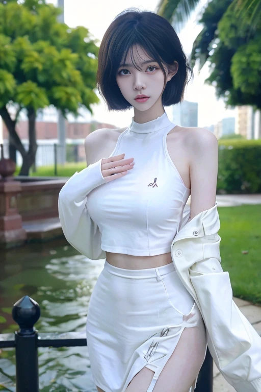 Beautiful woman with perfect body，prominent cleavage：1.5，ultra short pleated skirt