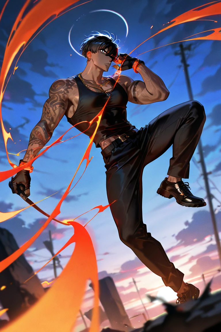 8K, complicated, elegant, Very detailed, majestic, Digital Photography, Surrealism, Thrilling Magic, Winding flame, (masterpiece, Side Light, Beautiful and delicate eyes: 1.2), HDR, (Bright red eyes)), Topless, (bright tattoo), chico Handsome, Black Hair, muscle, rain, Handsome, masterpiece,full-body shot