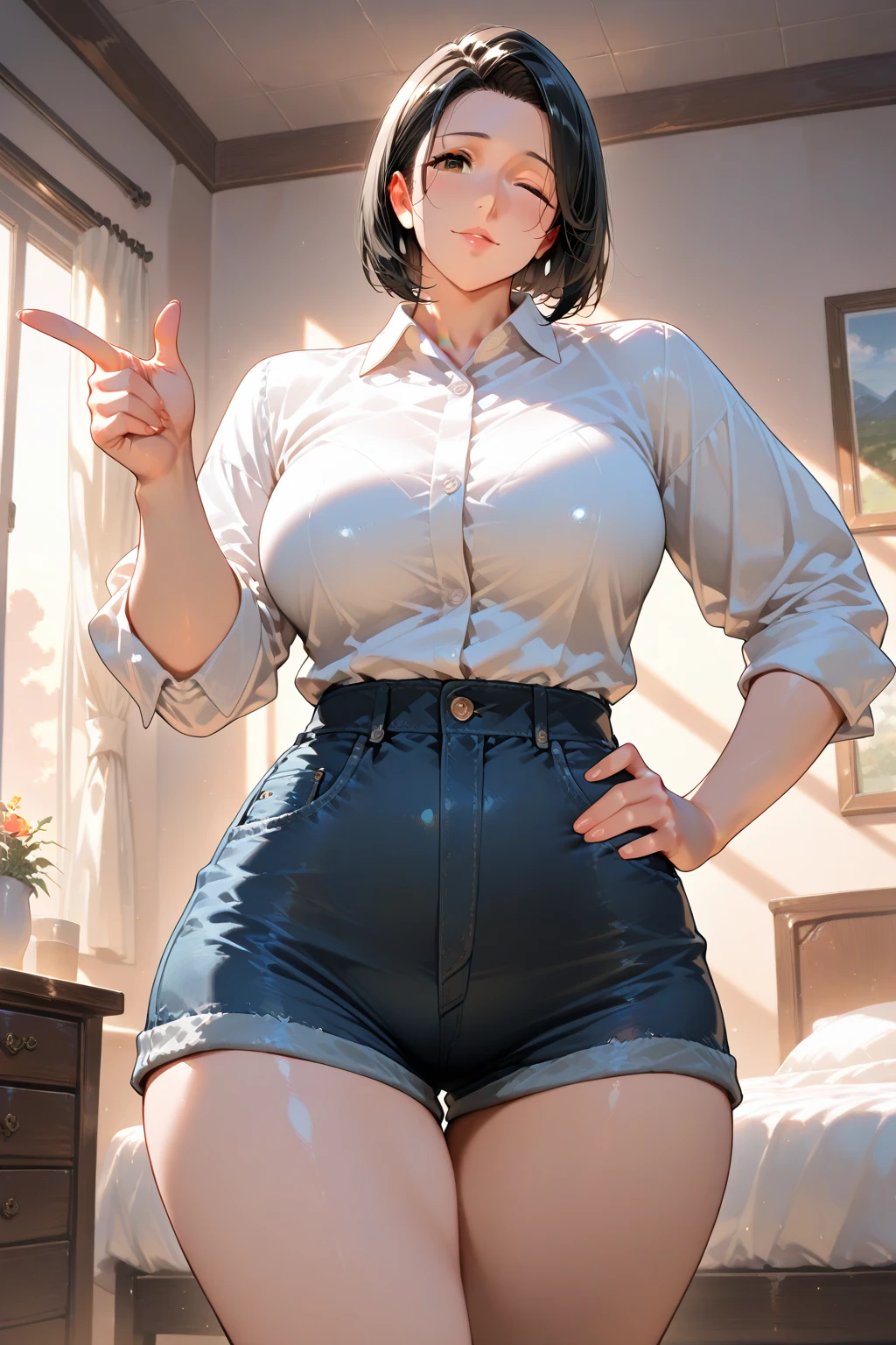 High quality ultra-realistic female images, office room woman, white wall, gray table, plant, window, Masterpiece of sexy pose))), ((highest quality)), ((Complex)), ((surreal)), stupid reply, mature woman, mature woman, perspective, very detailed, shape, 1 girl, ((big breasts)), perfect hands, finger details, fine and beautiful eyes, short hair, brown eyes, chief executive officer（chief executive officer（CEO, (business suit:1.2), open office shirt, Tight Skirt, black choker, earrings, stockings, detailed background, Bedroom, perfect eyes, enchanting eyes, looking at the viewer, from below