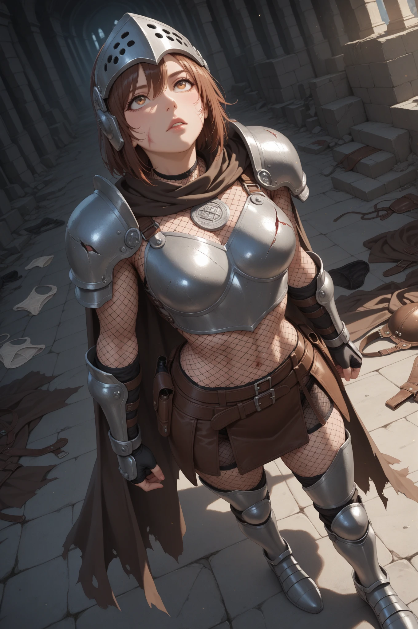 "Complete art masterpiece, high quality, ultra detailed in 4k, 8k, high resolution, hyper-realistic photo, hyper-detailed, realistic skin texture, amazing shadows, extremely detailed texture, perfect lighting, high-level image quality." A female heroine, (Fair skin, brown hair, chinese, outlined eyes, outlined face, gloves, thin body), wearing a one-piece leather tattered armor, dystopian wastland nuclear Fallout Future, jumping from a building