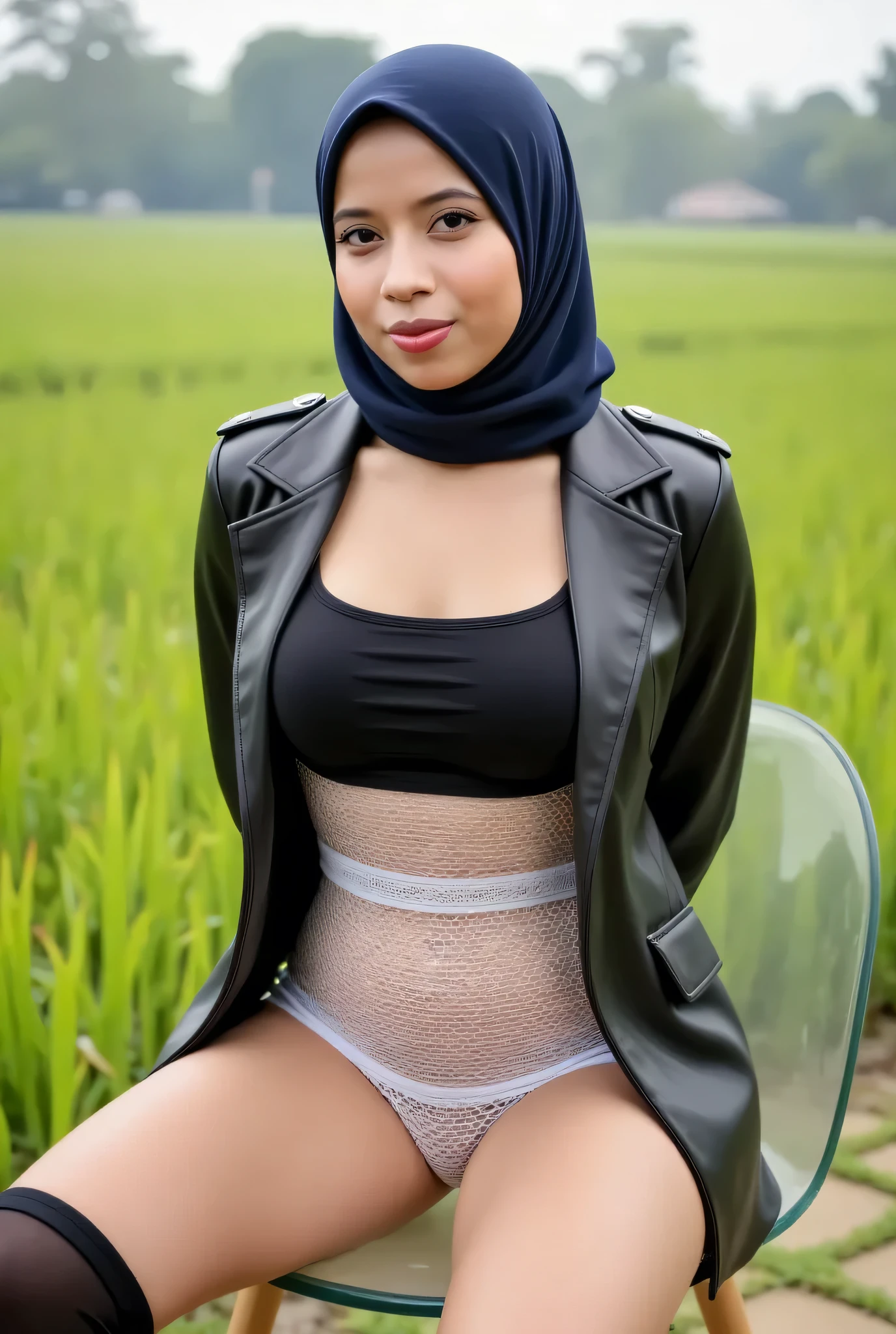 Styled with a fitted black leather jacket, Tetek besar melayut, (Shiny Breasts:3.24), Skinny hijab skinny hijab skinny hijab skinny hijab, (photorealistic:1.6) Indonesian hijab skinny dry aunty wear and (mini tiny tights Hotpants), Green background rice paddy. daytime atmosphere, don't put any rope! flat chest!, duduk di atas kerusi kaca, ((hands behind back))while legs astride, Look from the front you are stupid!, wearing Detailed Fully white net tight minidress very large breasts (Spread legs:3.33)