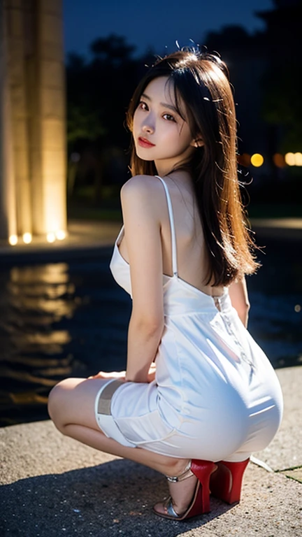 (high quality, 8K, original character), (fact: 1.5), (masterpiece, 最high quality, High resolution: 1.2), girl, summer night, (Stockings Smooth texture: 1.5), Sexy skirt, Delicate eyes, Delicate image, boat, river, To the camera, Behind her is a large lotus flower., moonlight, Wind, fire Fly