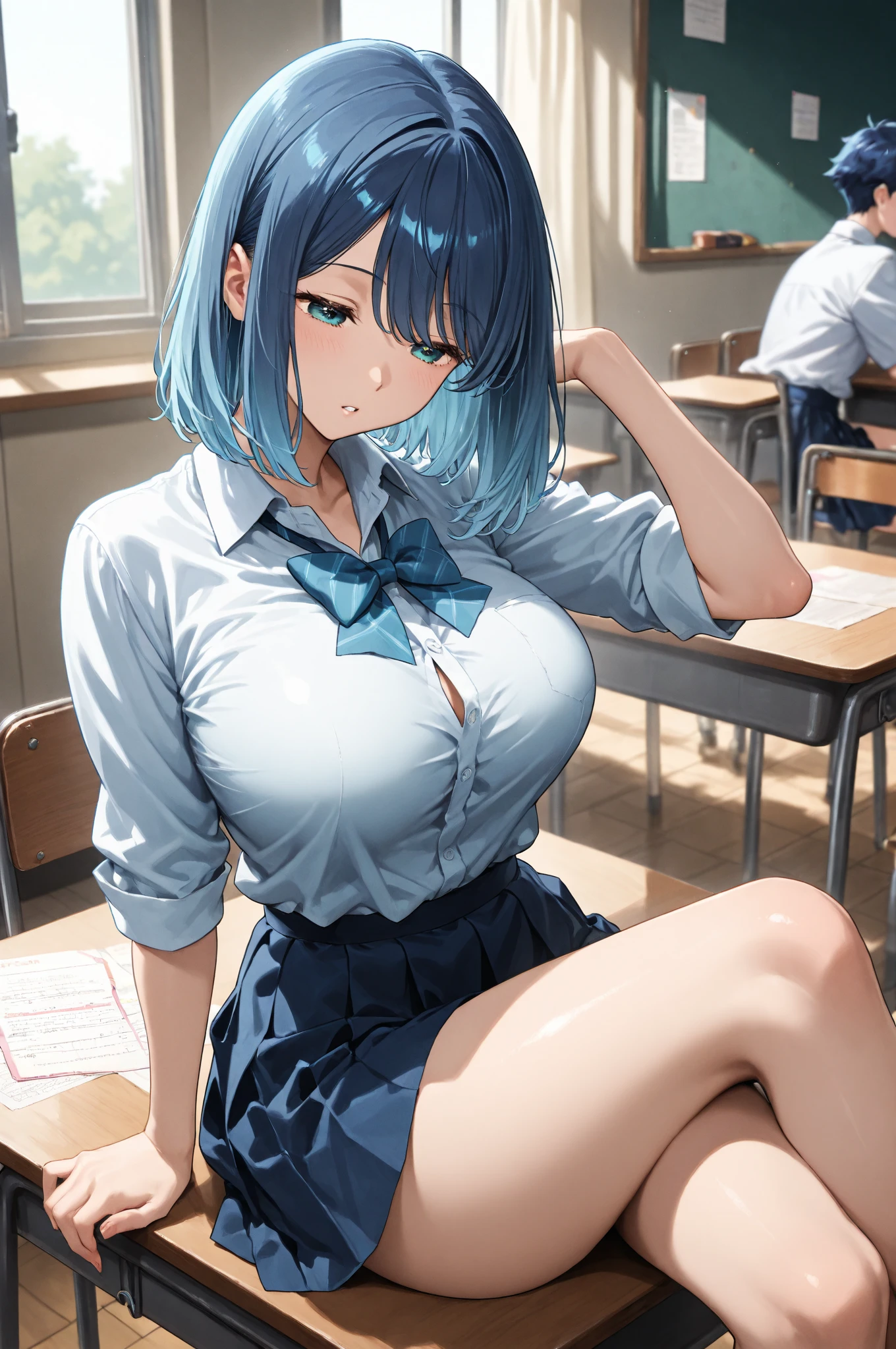 classroom、masterpiece、highest quality、High resolution、perfect pixel、8k、finely、dim lighting、perfect dynamic structure、finelyて美しい目、sit at a desk and open your legs、shining hair、blue hair、natural color lip、woman、25 years old、gentlemen、transparent skin、Super detailed、round earrings、white shirt、black tight skirt、light blue panties、No bra、small breasts、small areola、dripping sweat、full of sweat、thin thighs、beautiful feet、delicate、Anguished expression、Face enduring pain、half closed eyes、open mouth、Glasses