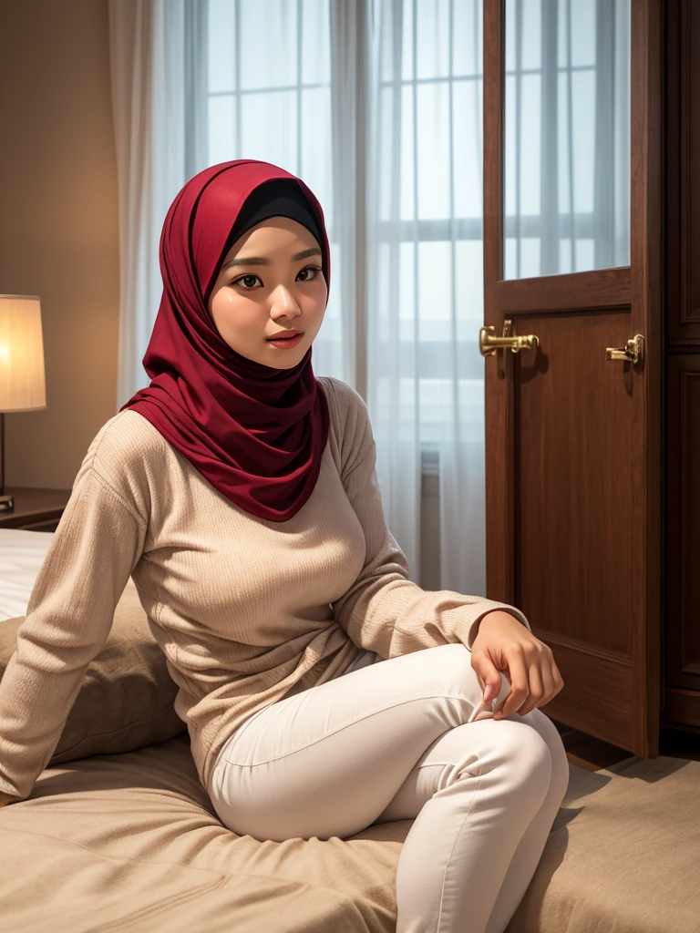 1 matured malay men 30 years old hugging 2 young malay girl in hijab wearing unbuttoned floral baju kurung , 20 - 23 years old, malay men hand on girl shoulder, nighttime, beautiful girl with beautiful perfect body, location: couch in hotel, professional photography, bright lighting, 28mm lens, Establishing shot, deep focus cinematography effect, Natural Lighting, pastel color grading, high quality, ultra detail, 8k resolution,